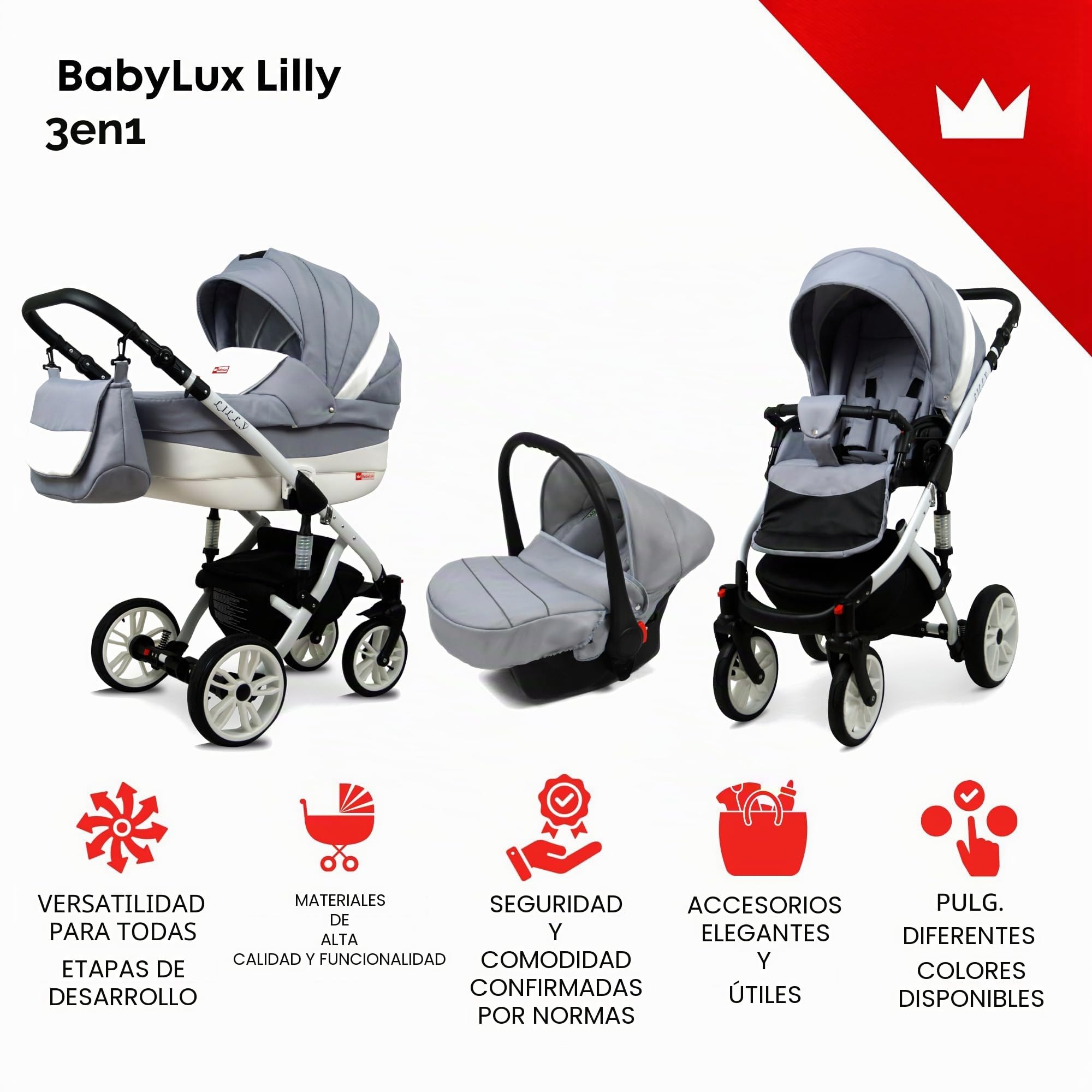 BabyLux® Carrito de Bebé Sistema de Viaje Set 3 en 1 - Lilly - incl. Capazo, Silla de Paseo, Silla Coche - Cochecito - con Bolso cambiador, Cubierta para la lluvia, Mosquitera etc.