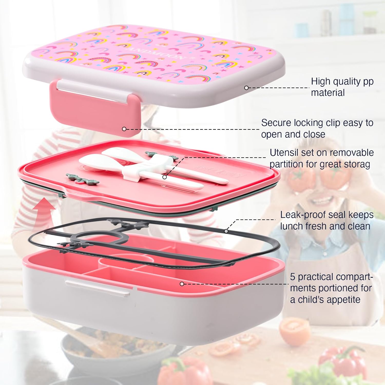 Bento Box for Kids Lunch Box Leak-Proof, Bento Lunch Box with 5 Compartments, Lunch Containers with 3 Silicone Baking Cups, Microwave/Dishwasher Safe (43OZ) (Pink with snack cup) - Image 5