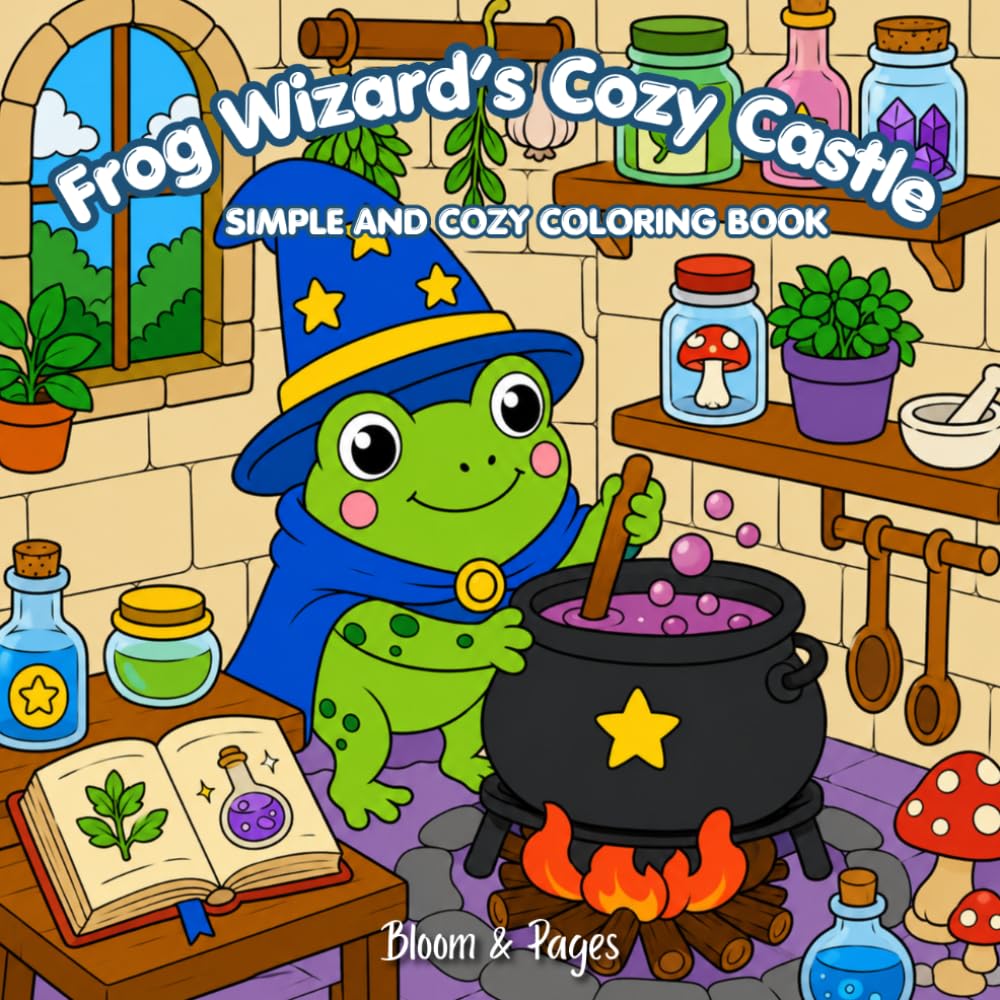 Frog Wizard's Cozy Castle: Simple and cozy colouring book