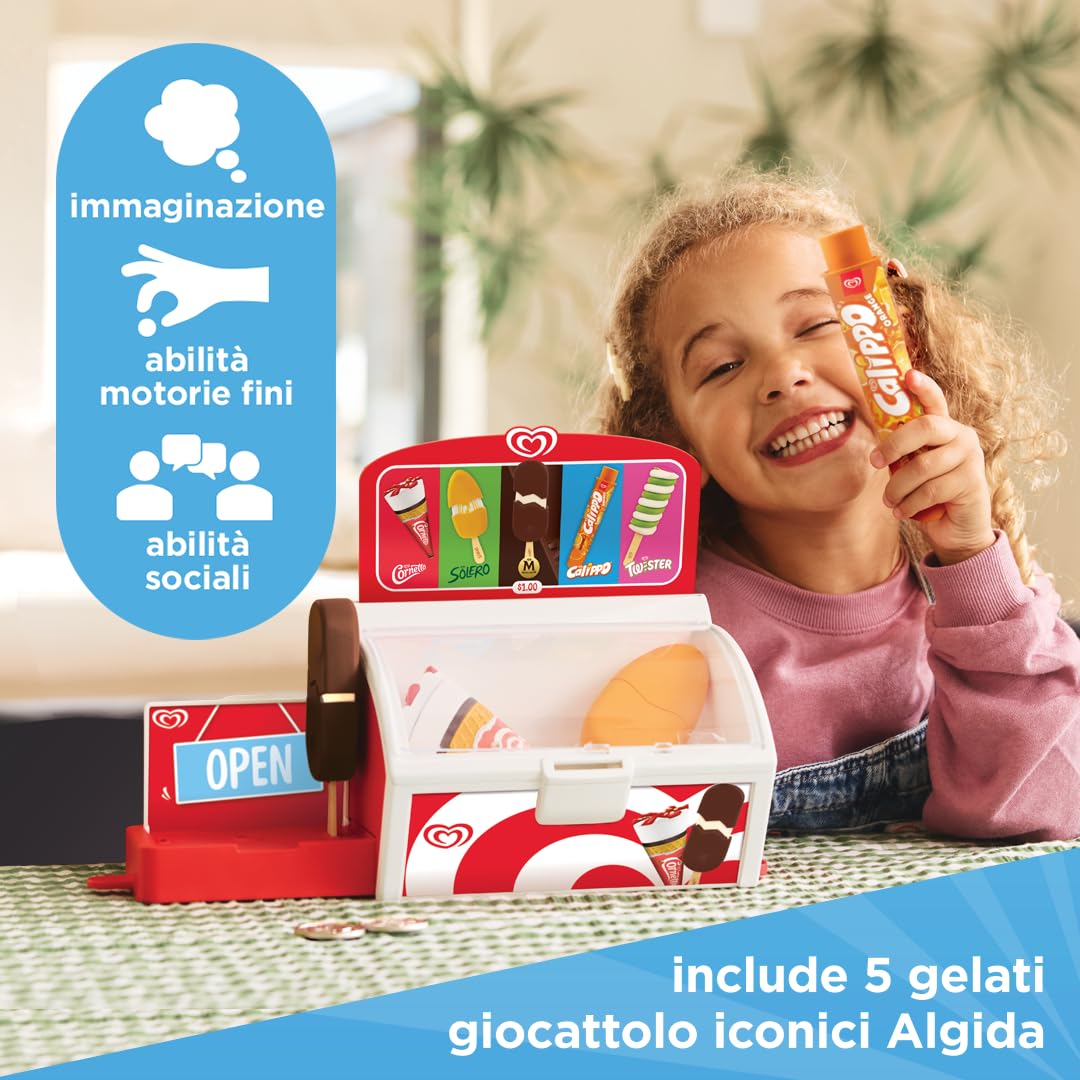 Casdon freezer per gelati giocattolo ufficiali Algida | Set per gioco di fantasia per bambini dai 2 anni in su | Con espositore estraibile, monete giocattolo e 5 gelati Algida ufficiali