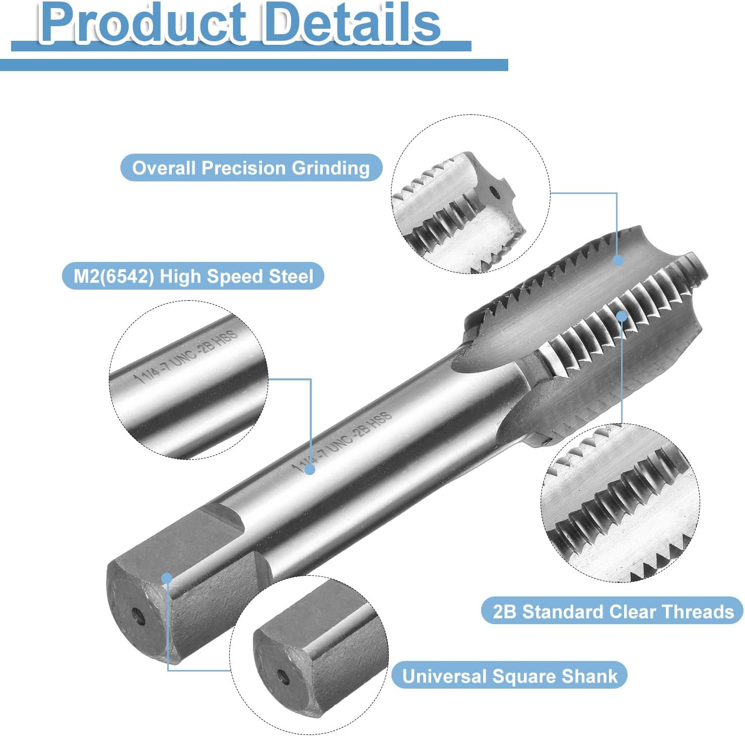 uxcell ハンドボトムタップ1-1/4-7 UNC 2BスレッドボトミングスタイルスレッドタップハイスピードスチールHSS654