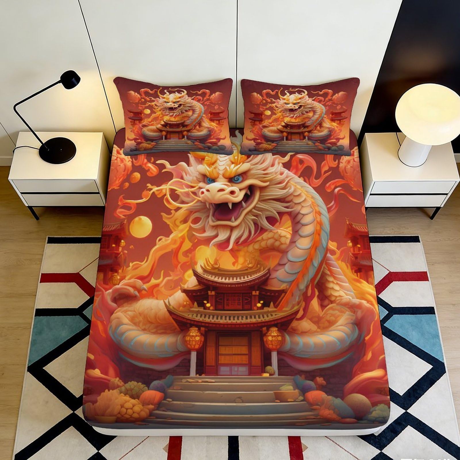 3D Printed Dragon Red Fitted Sheet Microfiber Soft Durable Chinese Mythology Bed Cover with Temple Design for Bedroom Dormitory Guest Room Mattress Protection 140x200x25cm