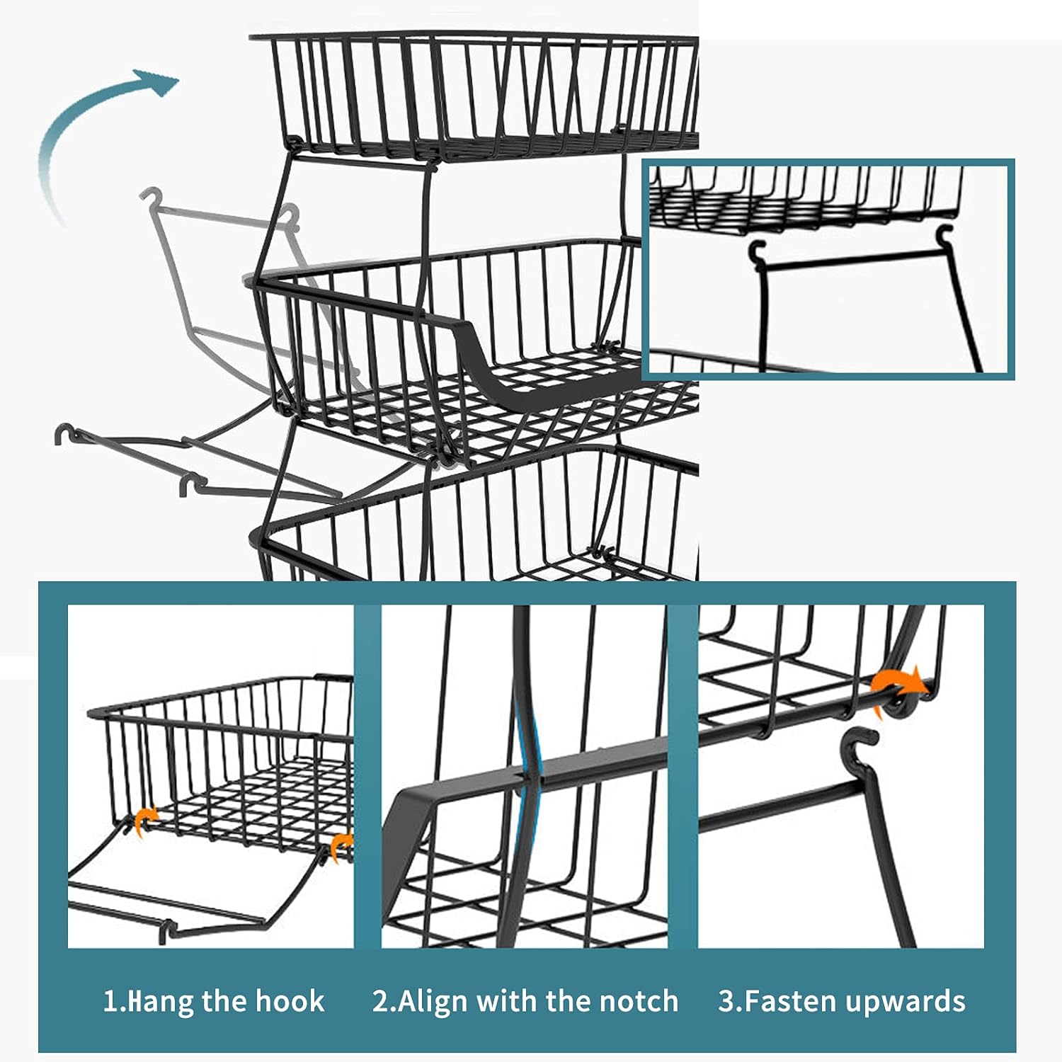 Metal Wire Baskets with Wheels, Stackable Storage Bins Kitchen Organizer Shelf 3-4-5-6 Tier Fruit Vegetable Cart Dishes Seasonal Rack Shelves for Garage, Pantry, Bathroom - Image 7