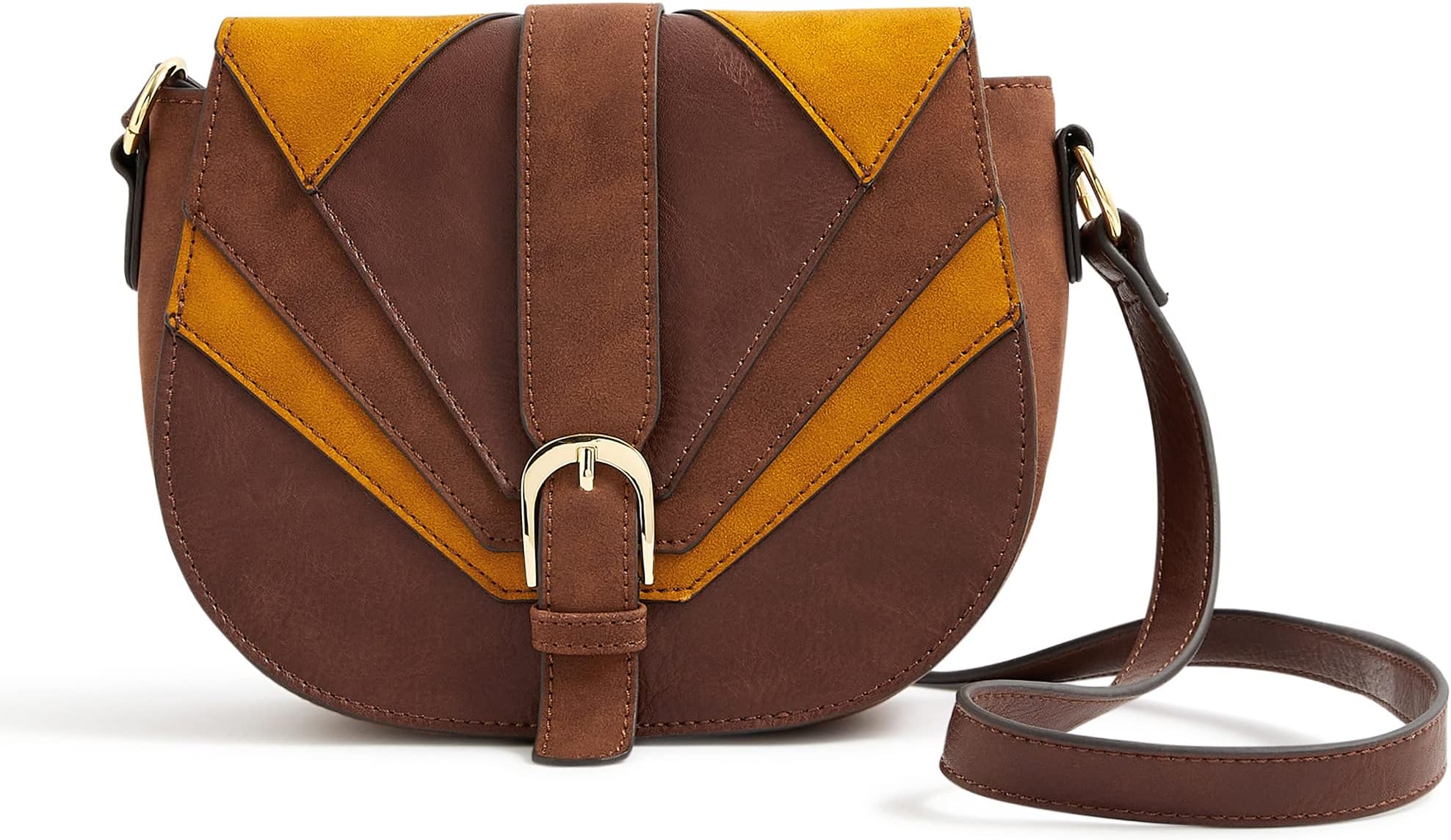 AccessorizeLondon Women's Faux Leather Tan Rosie Patchwork Saddle Sling Bag