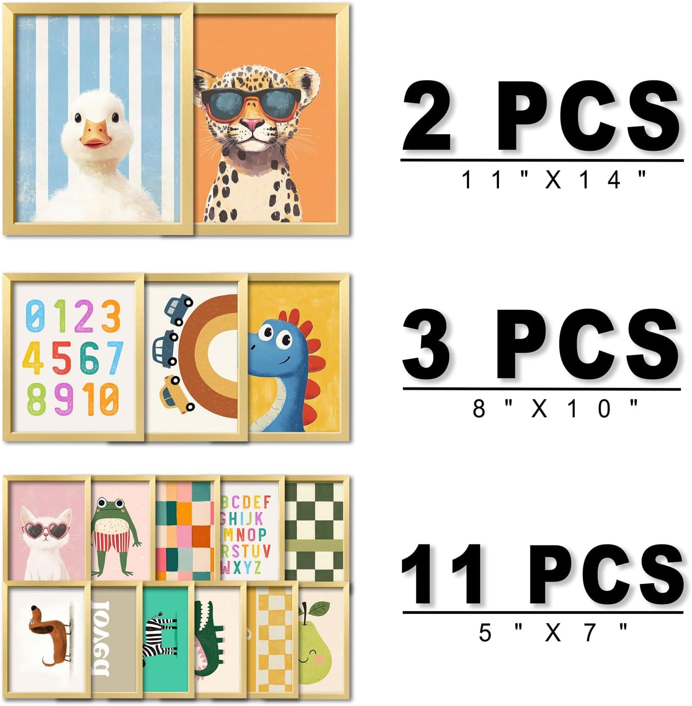 16 PCS Framed Kids Wall Art Decor, Baby Girl & Boy Nursery Decor, Toddler Room Bedroom Playroom Decor, Cute Colorful Animal Eclectic Gallery Wall Prints