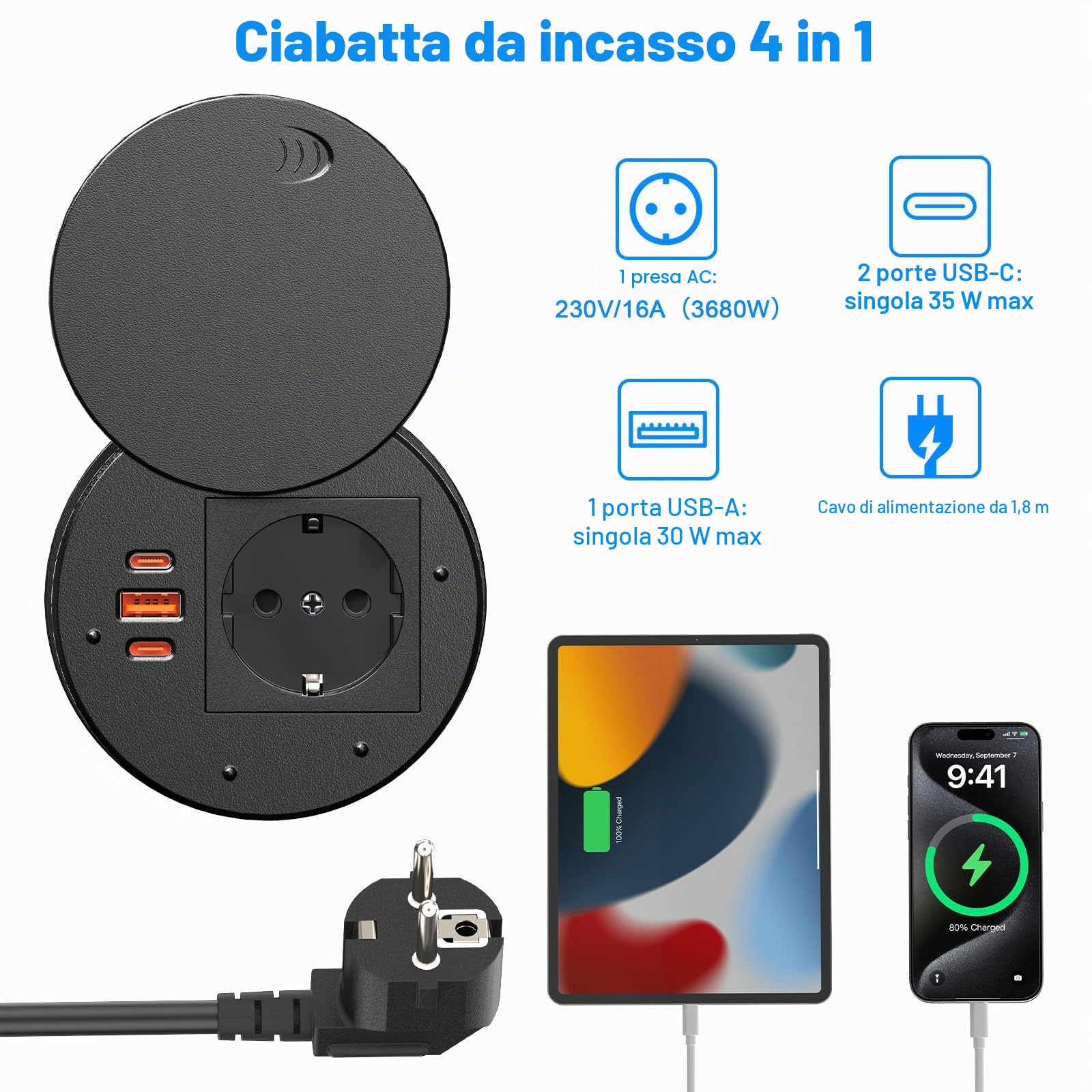 Presa da incasso con USB-C PD35W e USB-A 30W, presa da tavolo Sewingvr con coperchio, presa a scomparsa con 3 USB, cavo da 1,8 m, colore nero