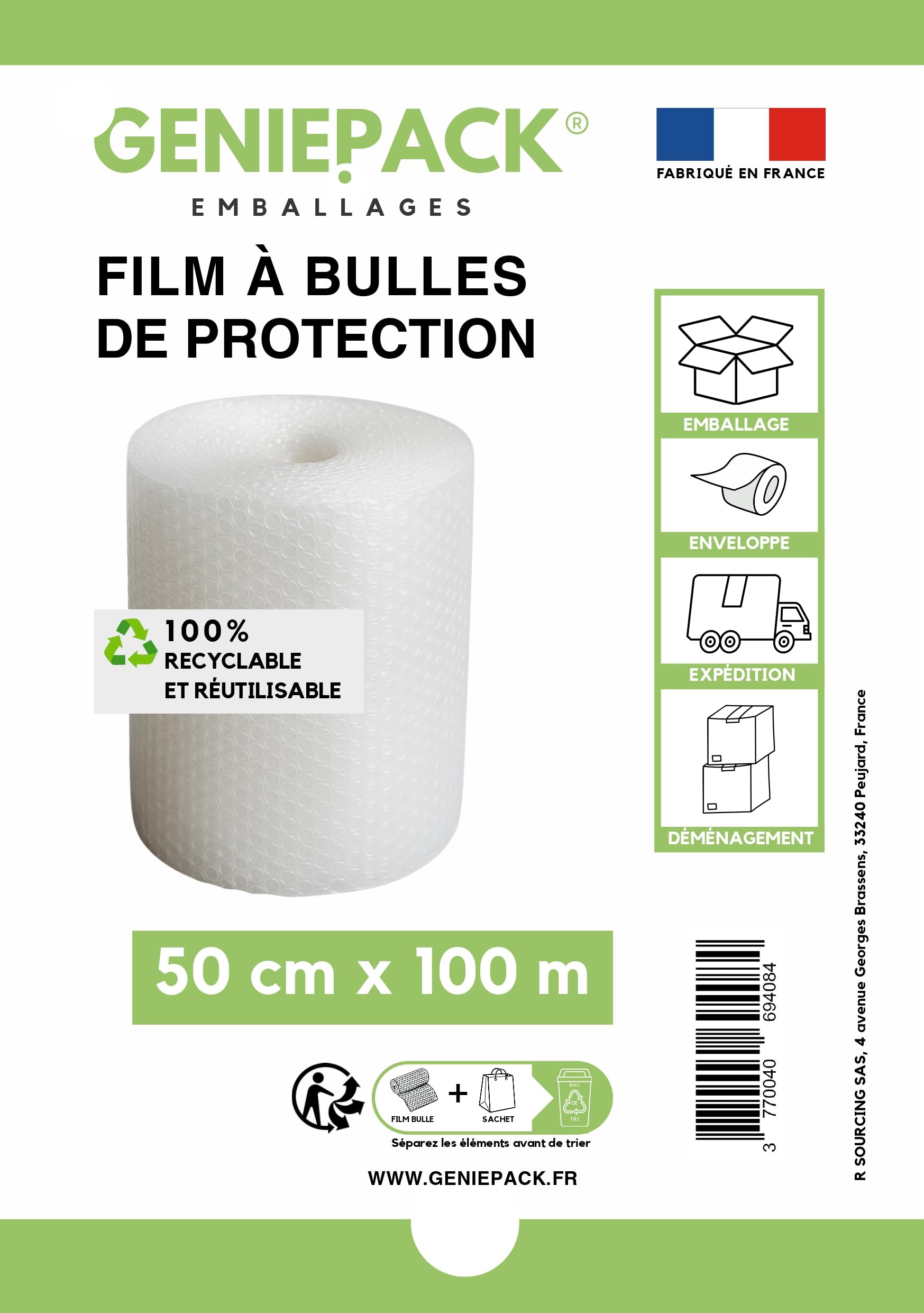 Film à Bulles Professionnel 50 cm x 100 m 60 Microns Bulles 10mm Protection Emballage Colis Déménagement Antichoc