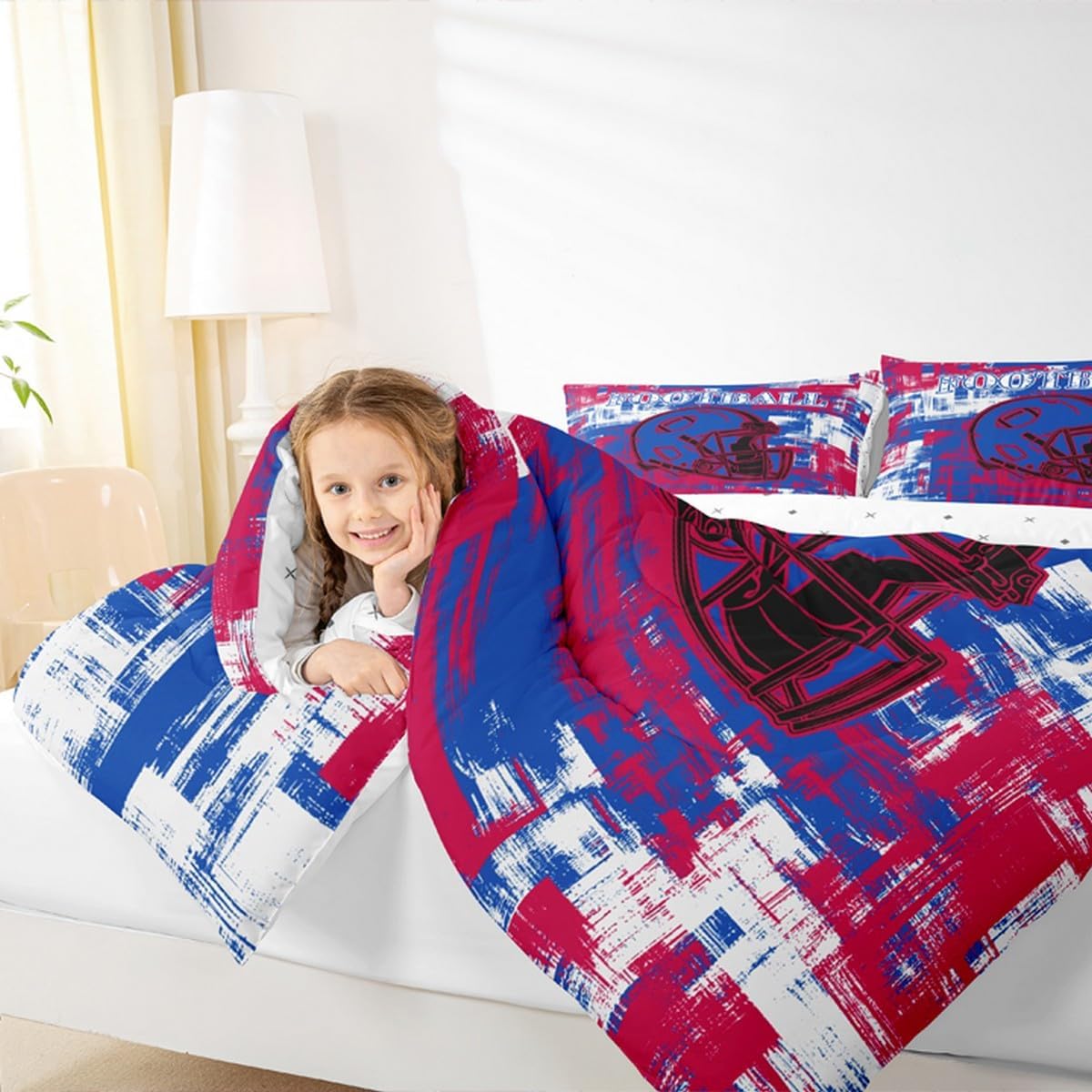 Feelyou Football Bedding Set Boys Girls Rugby Sports Comforter Set Full Size Women Men Football City Duvet Quilt Blue Red Room Decor