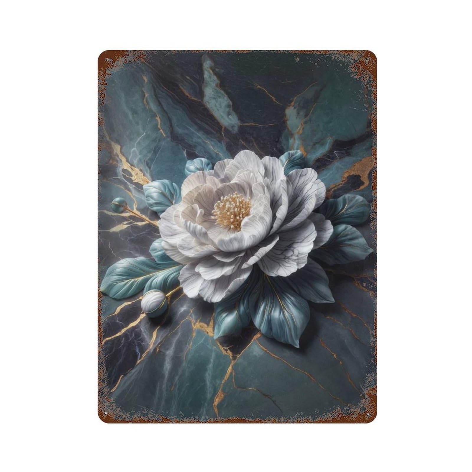 Elegant White Flower on Marble Background Rusty Metal Tin Sign 15.7"x11.8", for Pub, Kitchen And Man Cave Decor, Novelty Wall Decor
