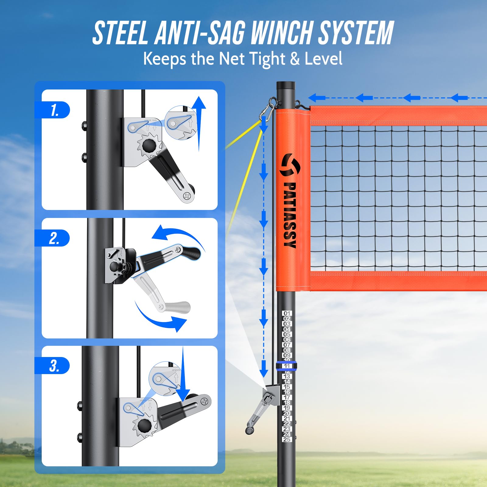 Rete da pallavolo resistente, set professionale per esterni con pali in alluminio antiruggine regolabili in altezza, sistema di verricello, design anti-abbassamento, pompa e borsa da