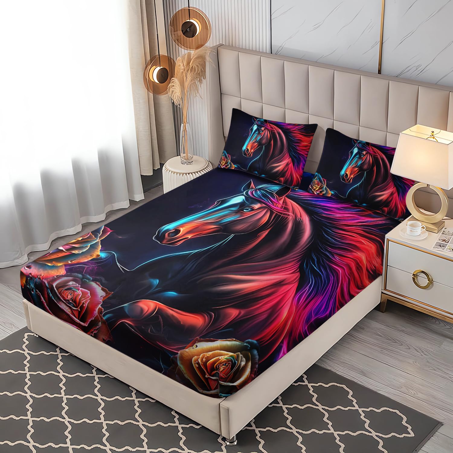 UEVBF Galloping Horse Bedding Full Fitted Sheet Set,Rose Floral Bedding Set for Kids Girls Boys Bedroom Decor,Aesthetics Bedding Farm Animal Fitted Sheet Sets,1 Fitted Sheet+2 Pillowcases.