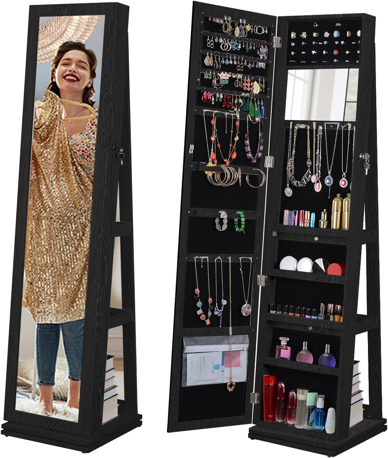 BOSTANA Jewelry Armoire 65" H, Full Length Mirror with Storage 360ยฐ Swivel, Lockable Standing Jewelry Cabinet Organizer with Storage Shelves Interior Mirror, Gift Idea, Black