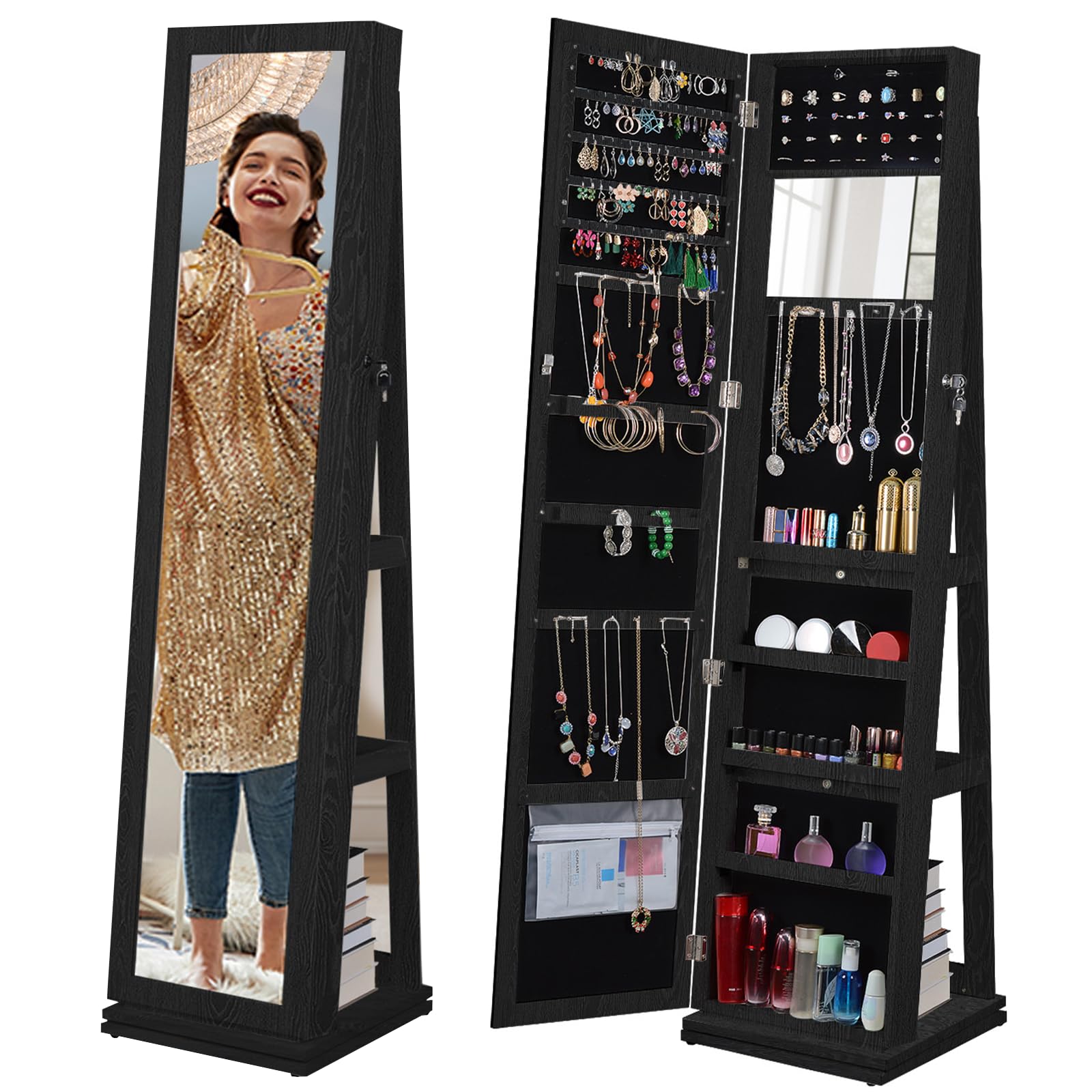 BOSTANABOSTANA Jewelry Armoire 65" H, Full Length Mirror with Storage 360° Swivel, Lockable Standing Jewelry Cabinet Organizer with Storage Shelves Interior Mirror, Gift Idea, Black