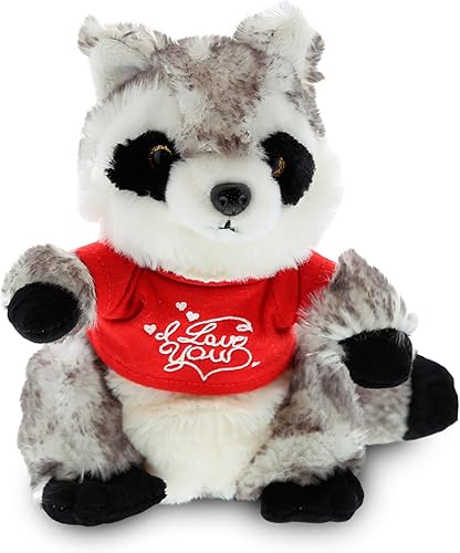 DolliBu Mapache de peluche con texto en inglés "I Love You", bonito animal de peluche con camisa roja y nombre, regalo personalizado para el día de