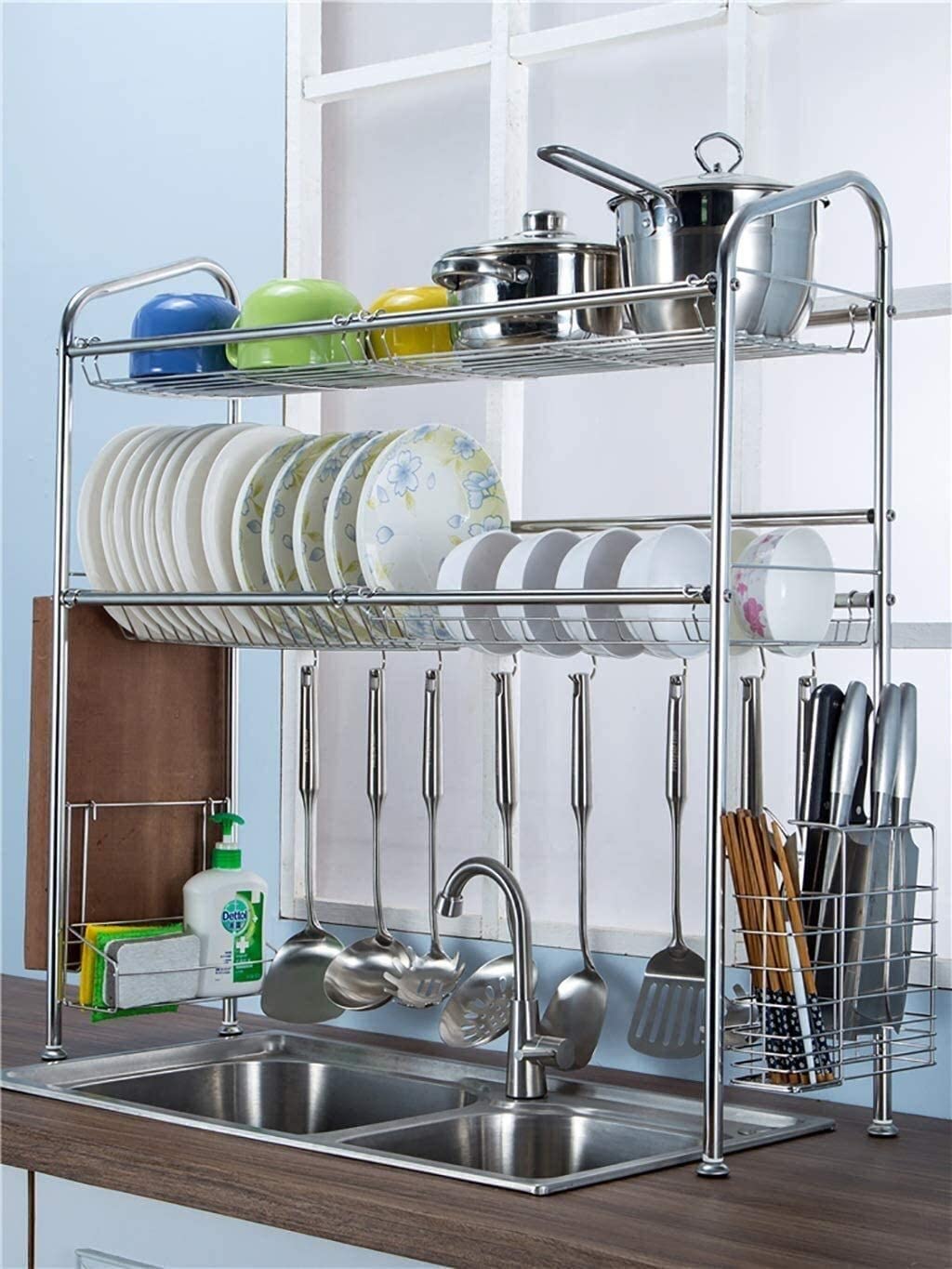 Scaffale espositivo per scolapiatti in Acciaio Inox a 2 Livelli, salvaspazio, con portautensili e Posate (Dimensioni: 94 x 28 x 80 cm) (74 x 28 x 80 cm) ()