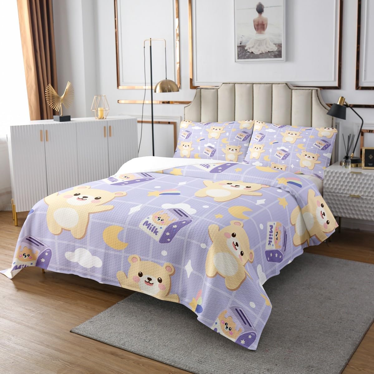 Homewish Kawaii Bear Milk Bedspread Twin Size,Moon Star Animal Style Bedding Set for Kids Boys Girls Room Decor,Rainbow Polka Dot Cloud Coverlet Set 2Pcs,Plaid Patchwork Purple Quilt,1 Pillowcase