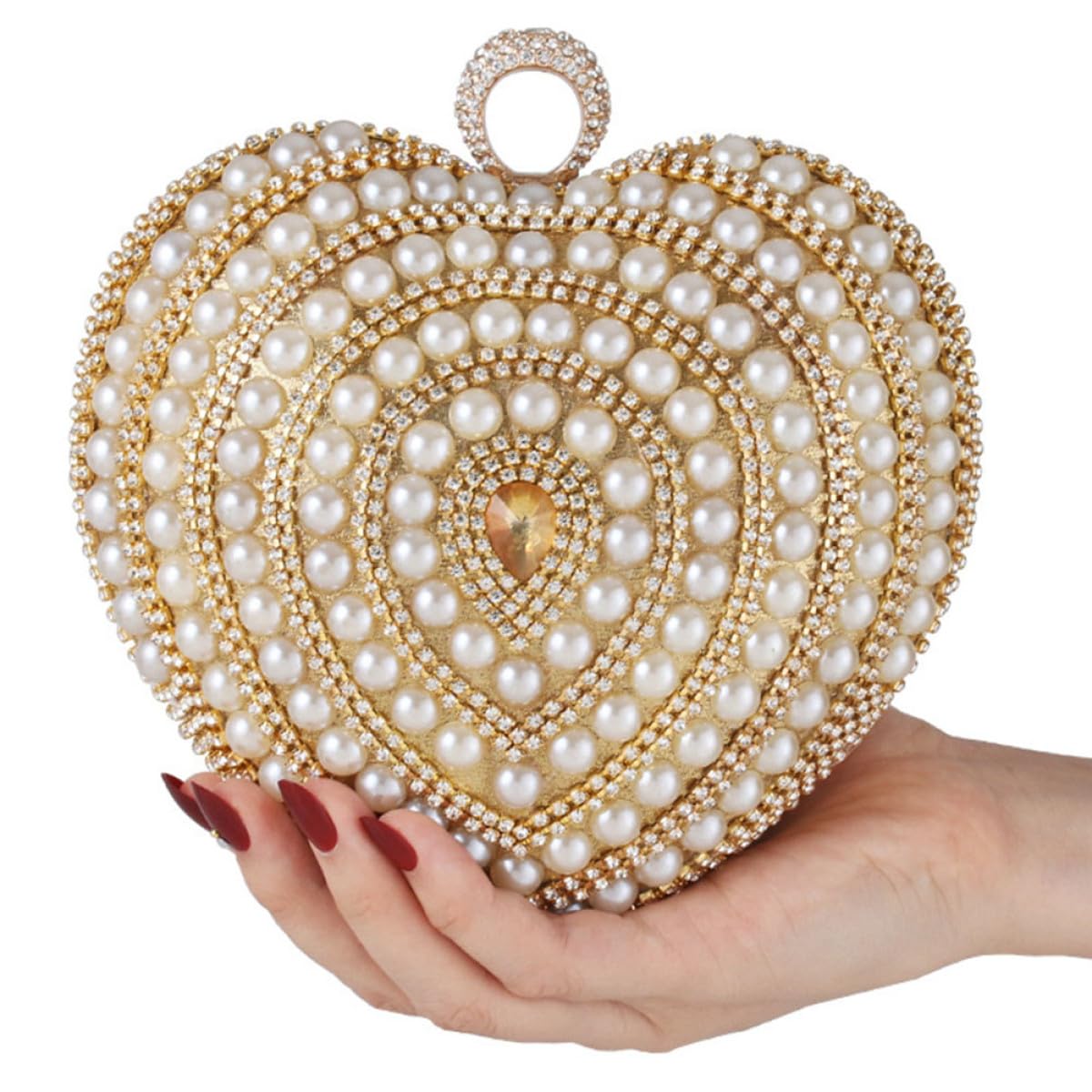 Borsa da Sera Elegante a Forma di Cuore in Poliestere e Metallo Oro Decorata per Matrimonio e Feste, Borsetta da Donna Piccola e Raffinata