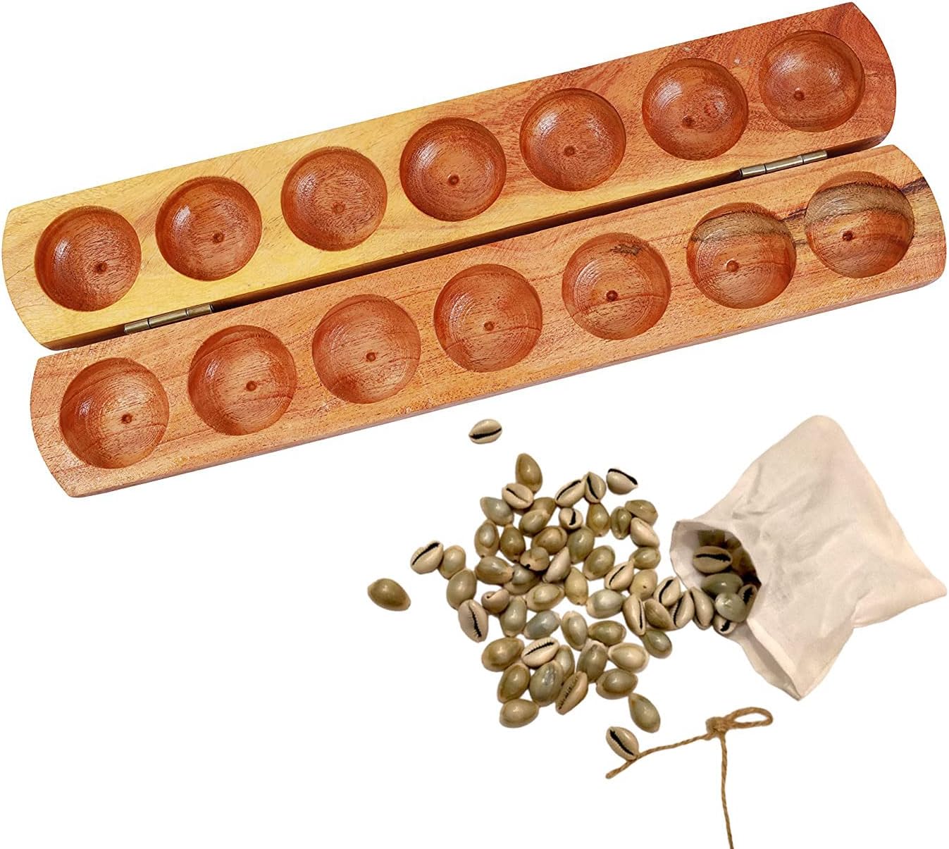 Vamana Guntalu Hard Wood / Pallanghuzi / Mancala Wooden Board Game/ with 70 Seashells and storage bag- 14 Pit