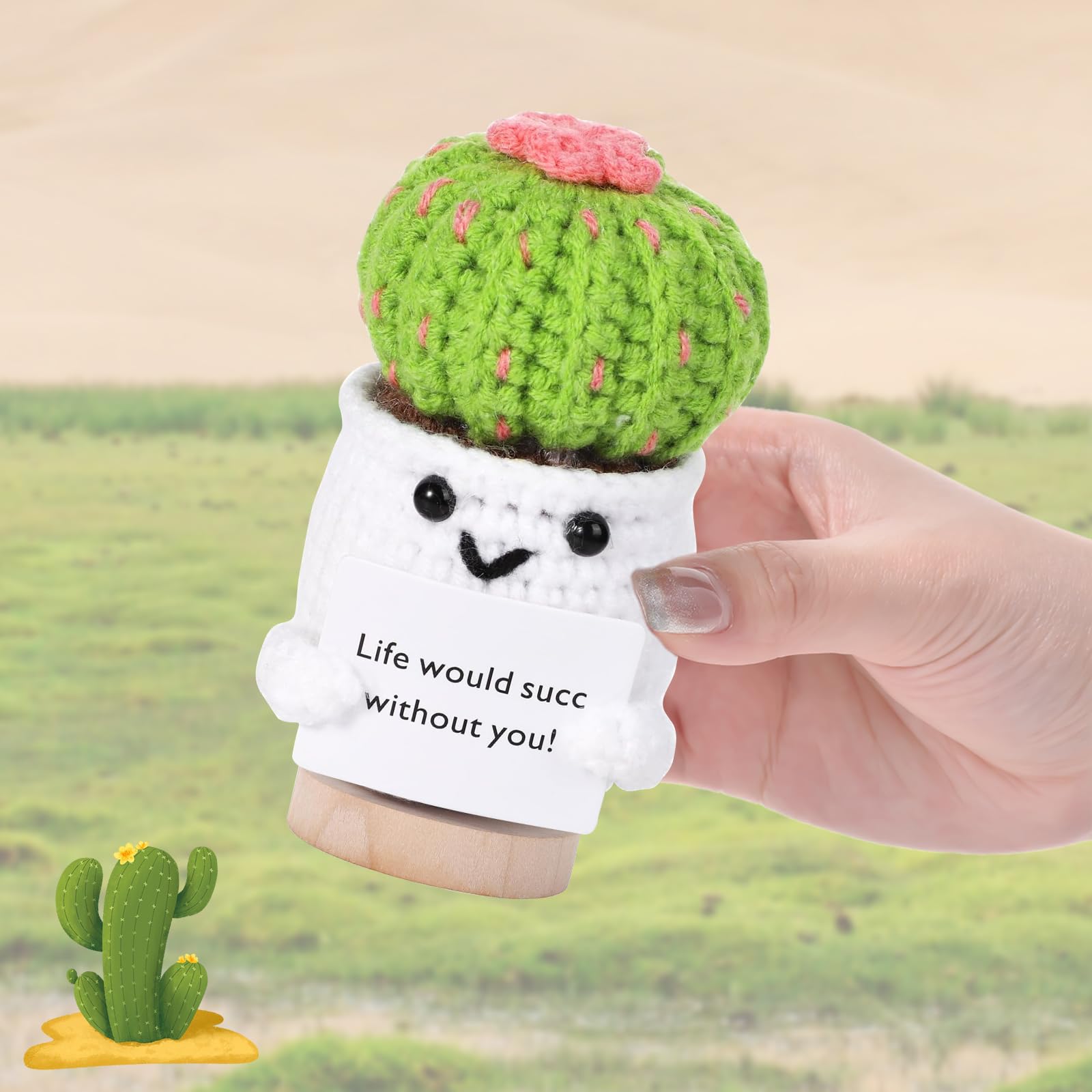 Cactus Portafortuna All'Uncinetto Con Messaggio Ispirazionale - 16 Cm, Pianta Morbida In Lana, Decorazione Positiva Per Casa E Ufficio