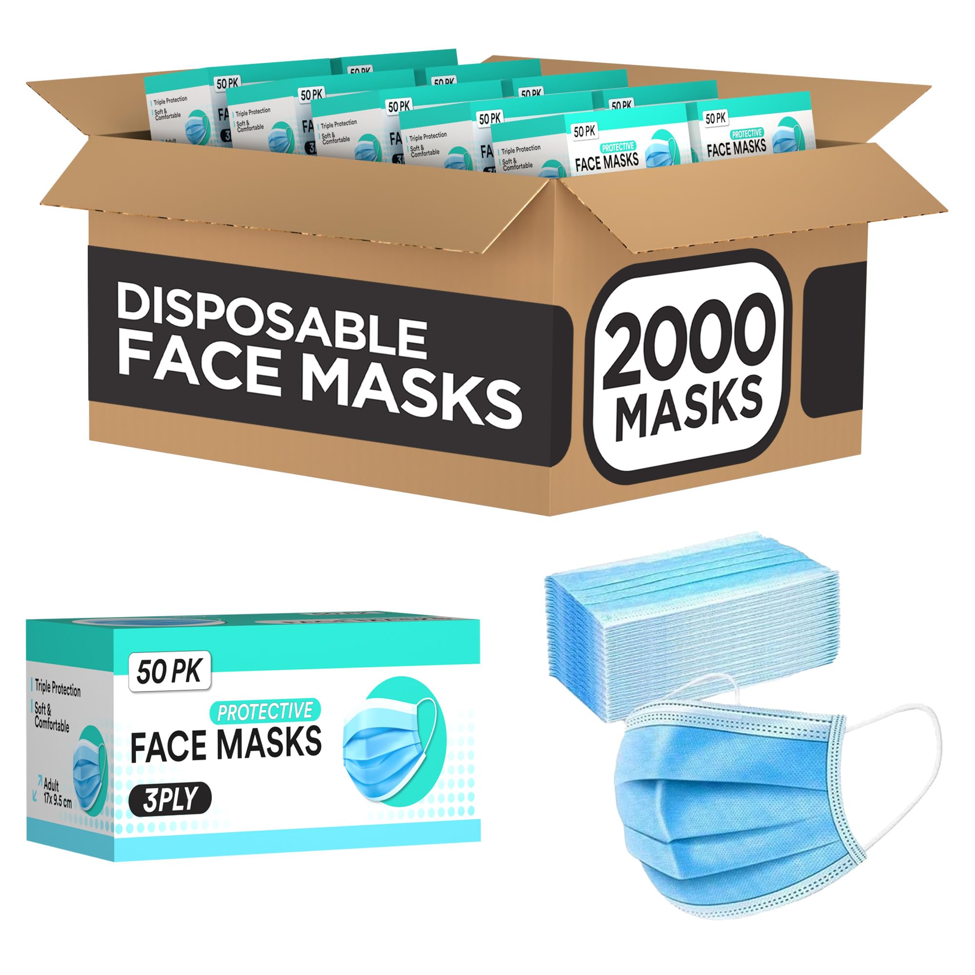 2000 Bulk Blue Disposable Face Masks Level 2 Non Woven Thick 3-Layers Breathable Facial Masks with Adjustable Earloop Mouth and Nose