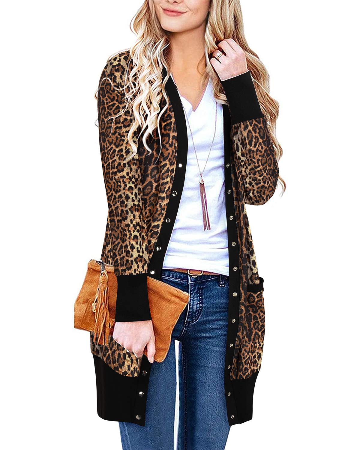 II ININ Cardigan da Donna con Scollo a V Lavorato a Maglia a Maniche Lunghe con Bottoni leopardati e Tasche