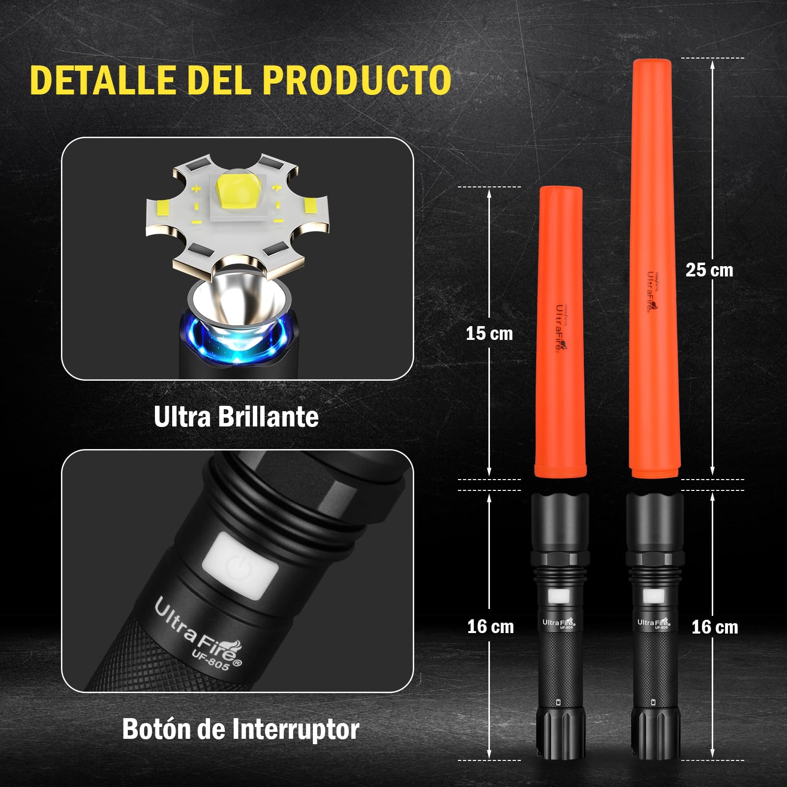 Ultrafire Linterna LED Recargable Tipo Varita de Tráfico, Luz de Seguridad de Señalización de 619 Lúmenes, 3 Modos para Control de Tránsito, Señalización de Aeronaves, Seguridad Policial