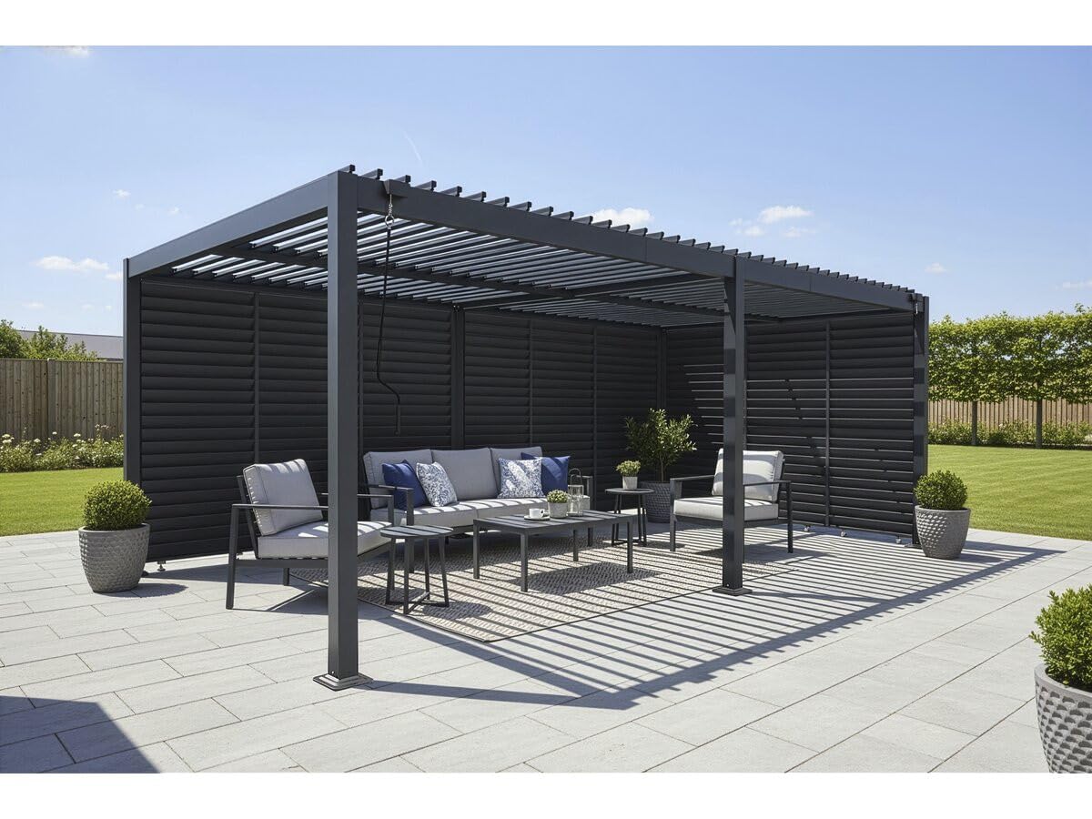 Pergola bioclimatique avec 9 persiennes en Aluminium Kensington - 3 x 6 m - Gris