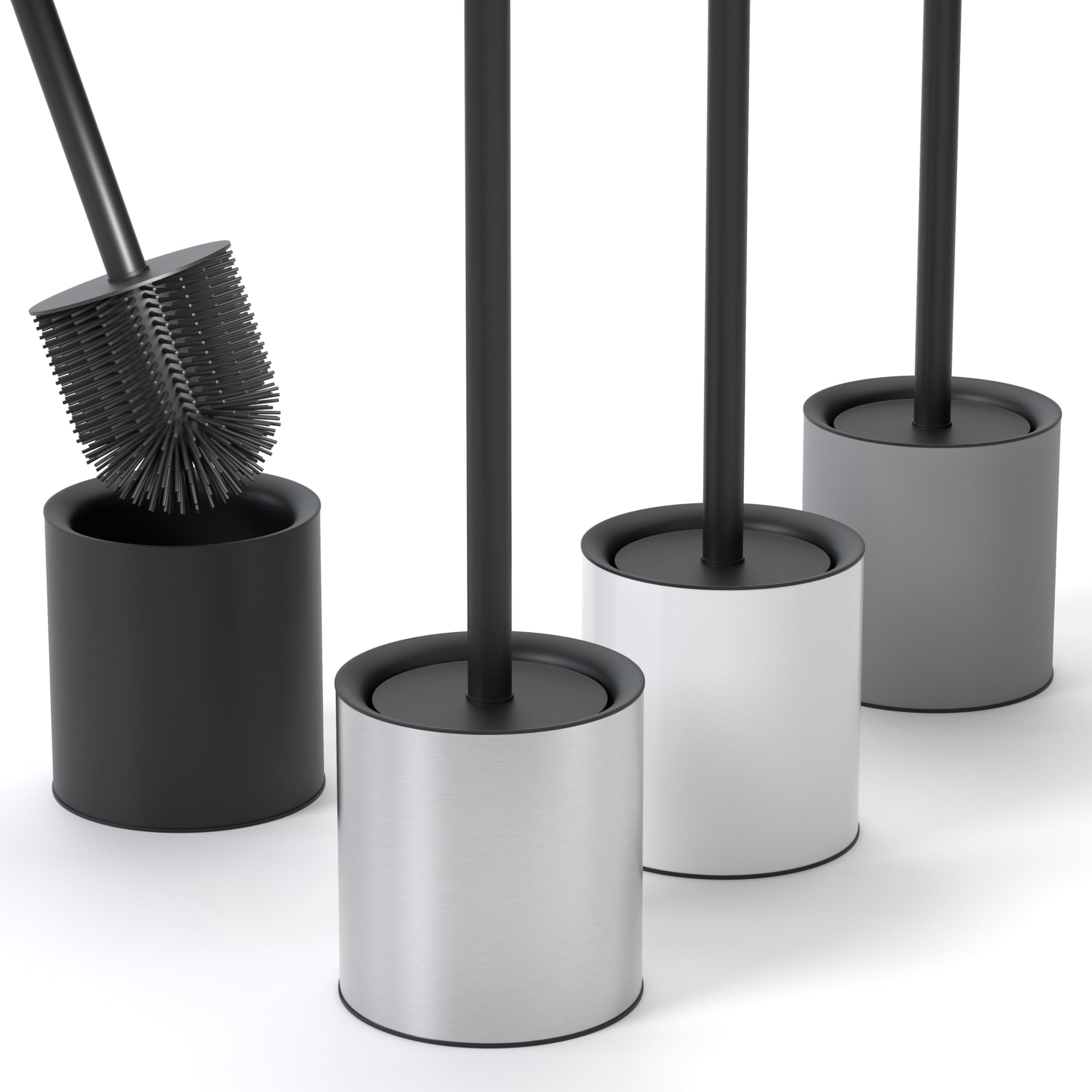 SAVEGA Silicone Toilet Brush Silver with Holder, Discreet Stainless Steel Toilet Brush with Protective Lid