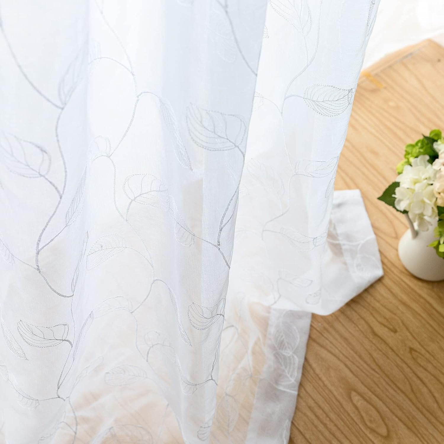 Lazzzy White Sheer Curtains Leaf Embroidered 90 Inch Long for Living Room Bedroom Rod Pocket Voile Window Drapes 2 Panels