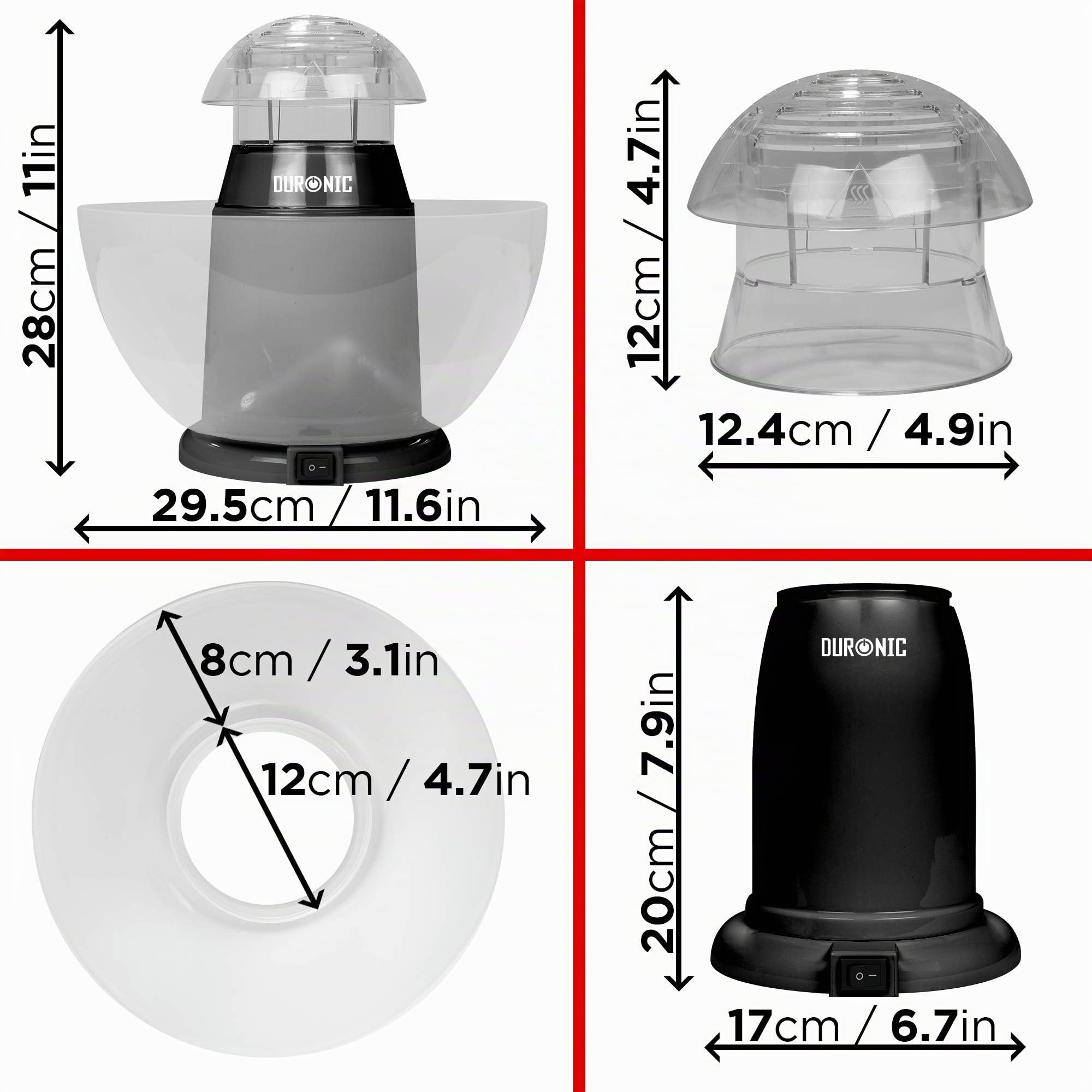 Duronic POP50 Appareil à Popcorn – Capacité de 50 gr avec bol démontable - Cuisson électrique à air chaud de mais soufflé sans huile - Faible en calories