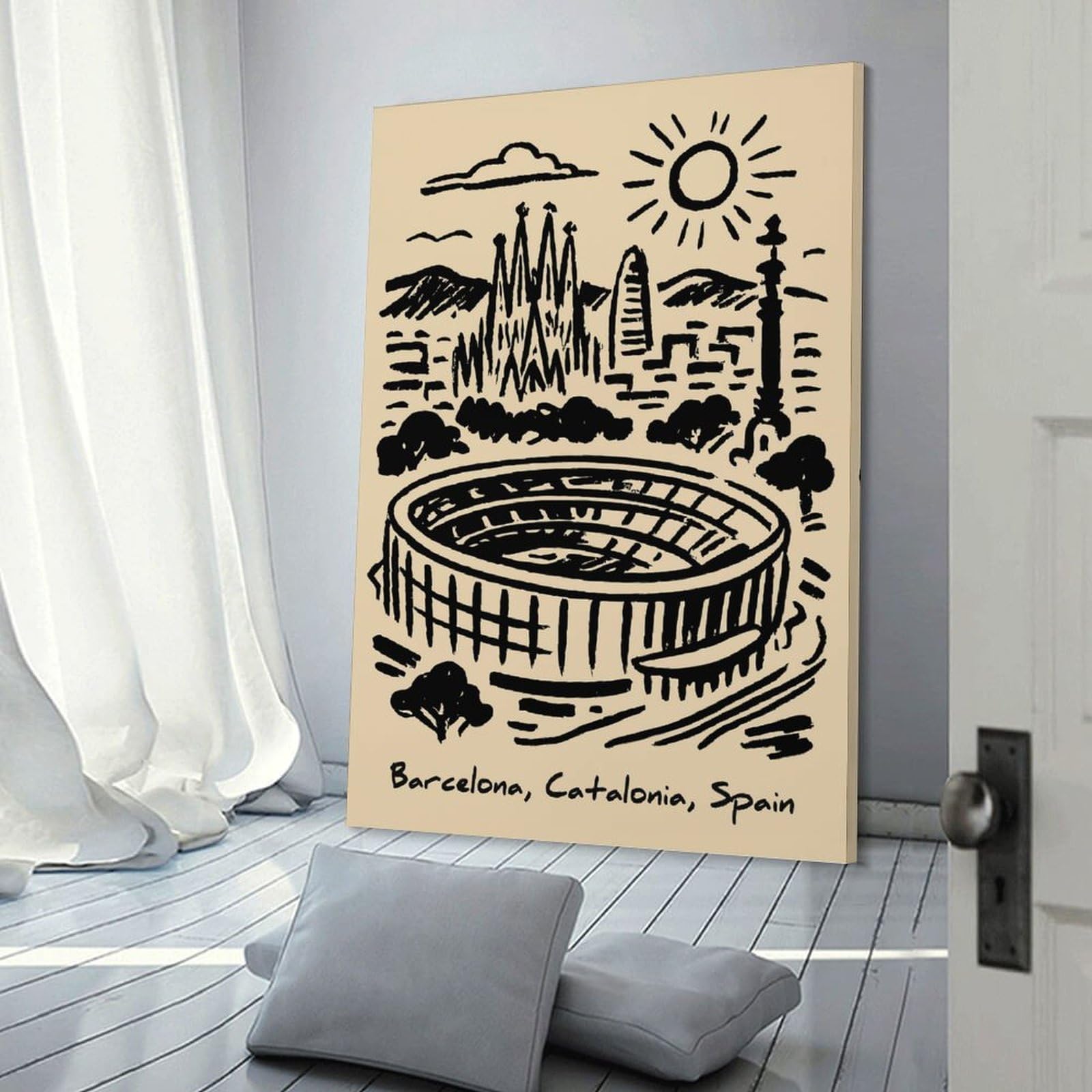 Junmoney Frame-Style-1 Barcelona Skyline Sketch Decorative Canvas Print 12X18inch(30X45cm), For Gallery Wall Layouts In Home Or Office, Home Wall Art For Statement Displays