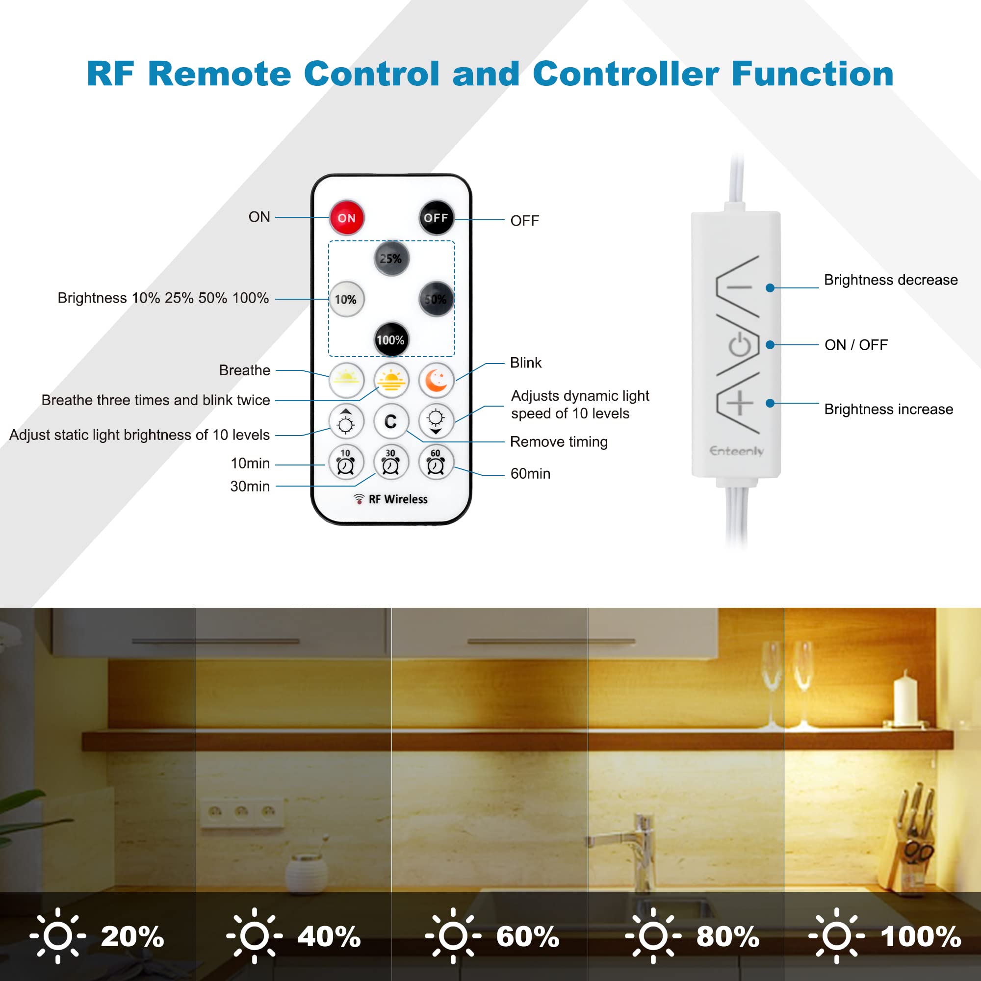 Enteenly Striscia Led 5m Bianco Caldo, Strisce Led con Telecomando Sotto l'armadietto Luci Led per Vetrina, Cucina, Scrivania, Mensola, Retroilluminazione TV, con Spina EU, 2700K