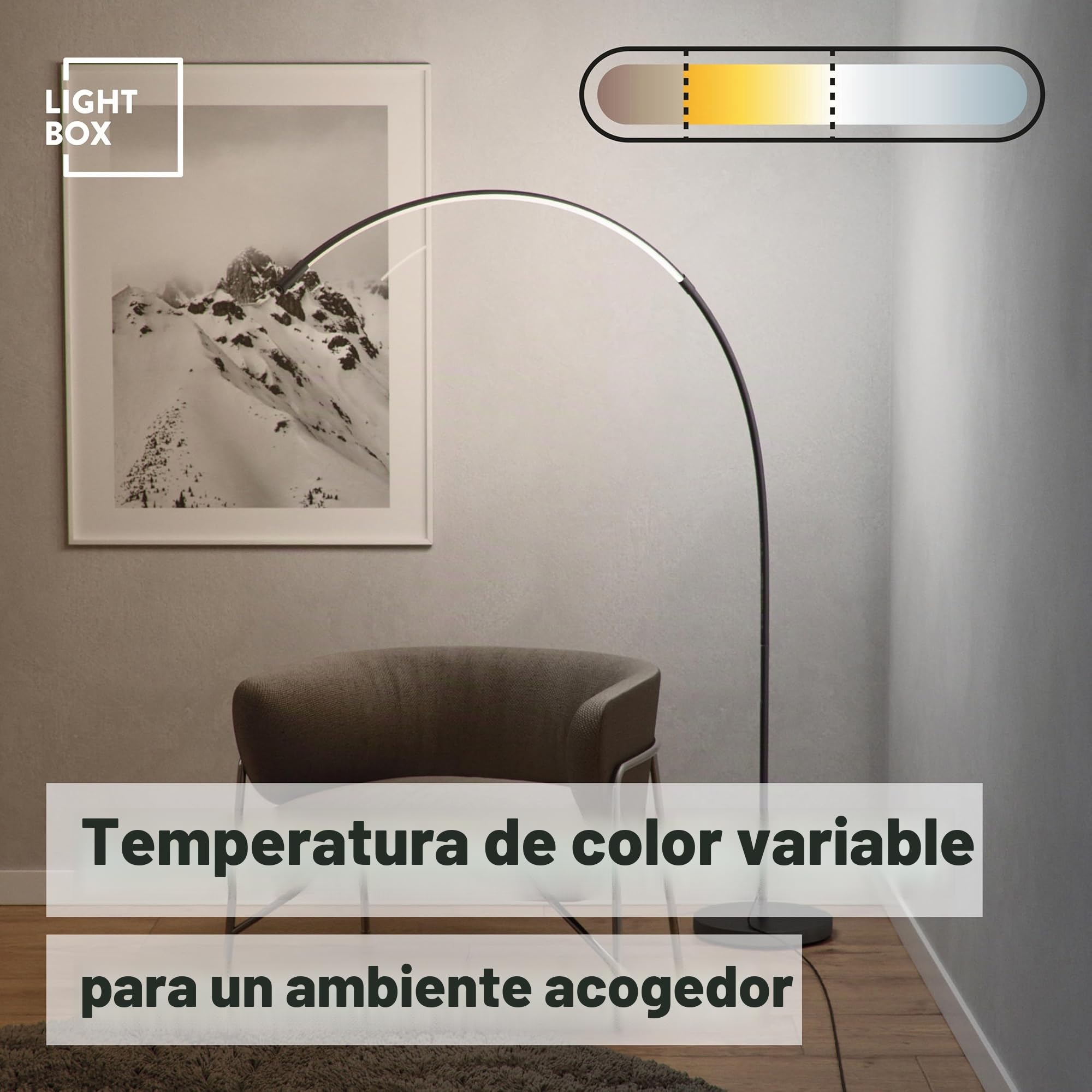 Lightbox Lámpara de pie de arco LED 1,7 m de altura | Lámpara de pie con | Lámpara de arco LED, 170 cm, 1300 lm, 3000-6500 K, regulable, CCT, negra
