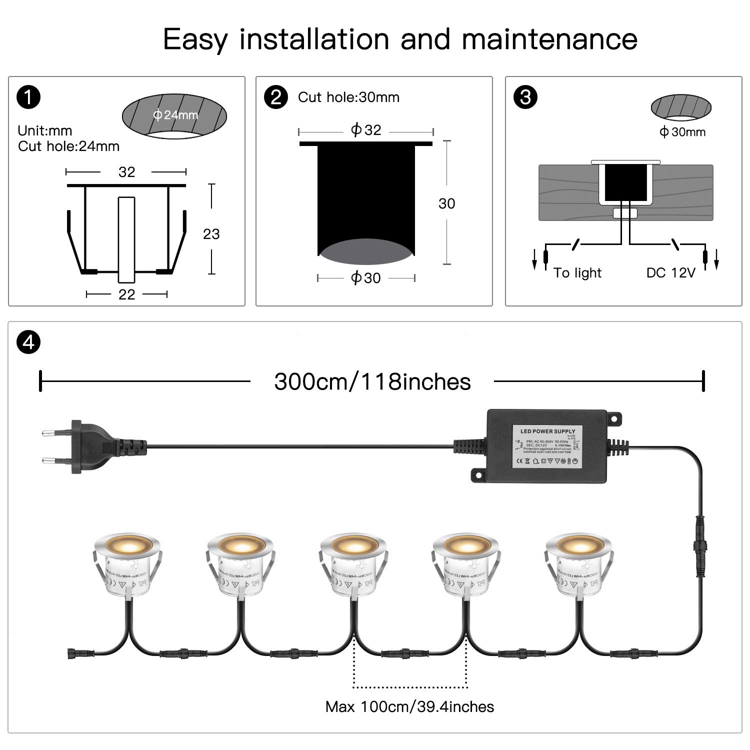 Kit Luci Da Incasso a LED Con Guscio di Protezione φ30mm/24mm, Luci LED IP67 impermeabili Per Terrazze Per Illuminare Il Paesaggio, 16pz Bianco Caldo Per Giardino, Scale, Gradini, Patio