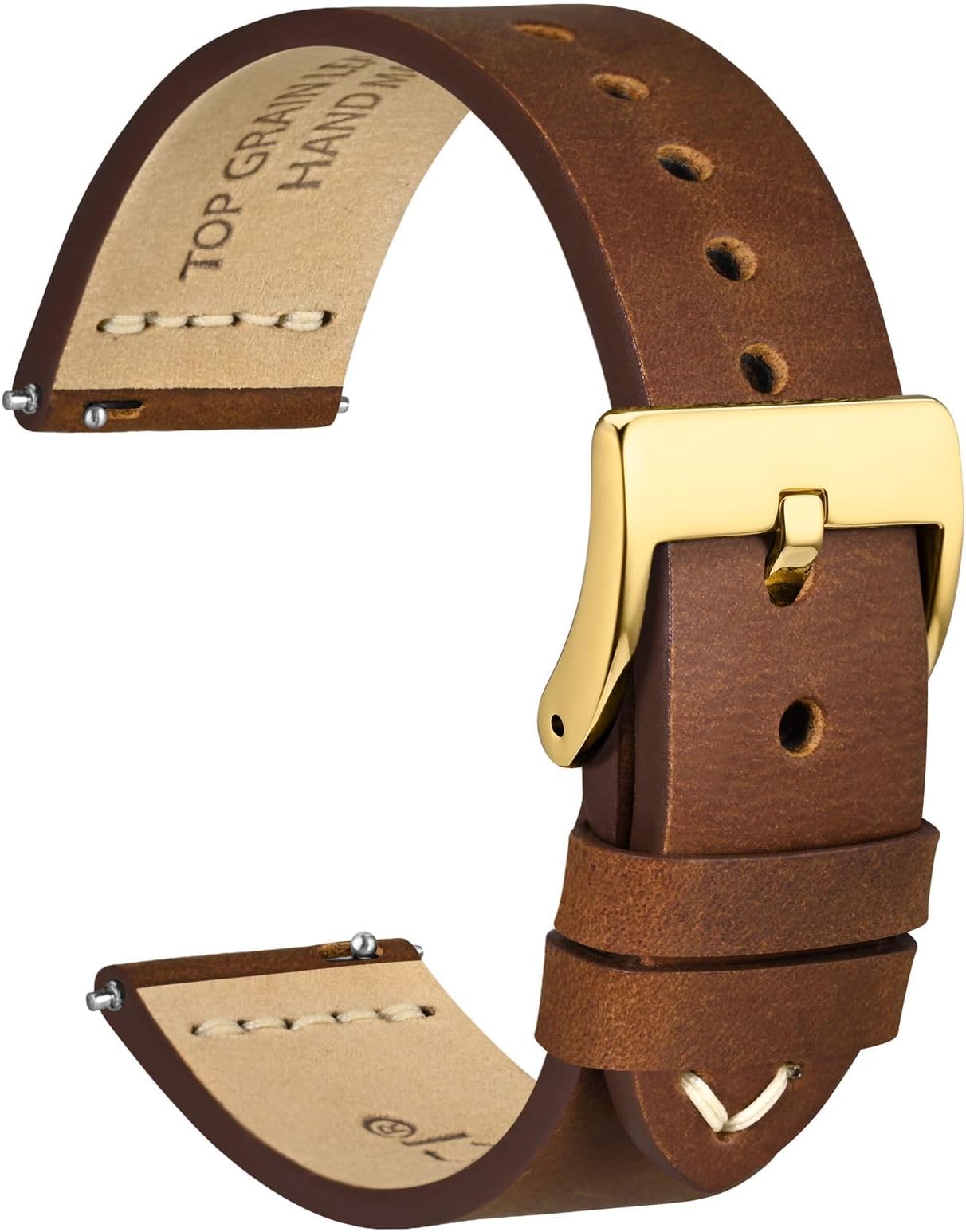WOCCI 19mm Old-fashioned Watch Band for Men, Top Grain Leather, Golden Polished Buckle (Caramel Brown)