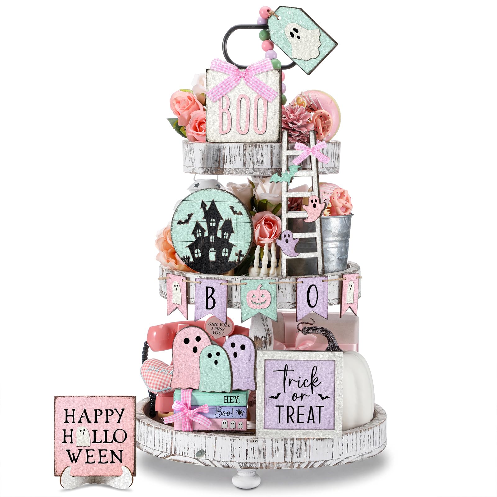 GlikCeil 19 Pcs Halloween Tiered Tray Decor Set, Pink Ghost, Pastel, Ghost
