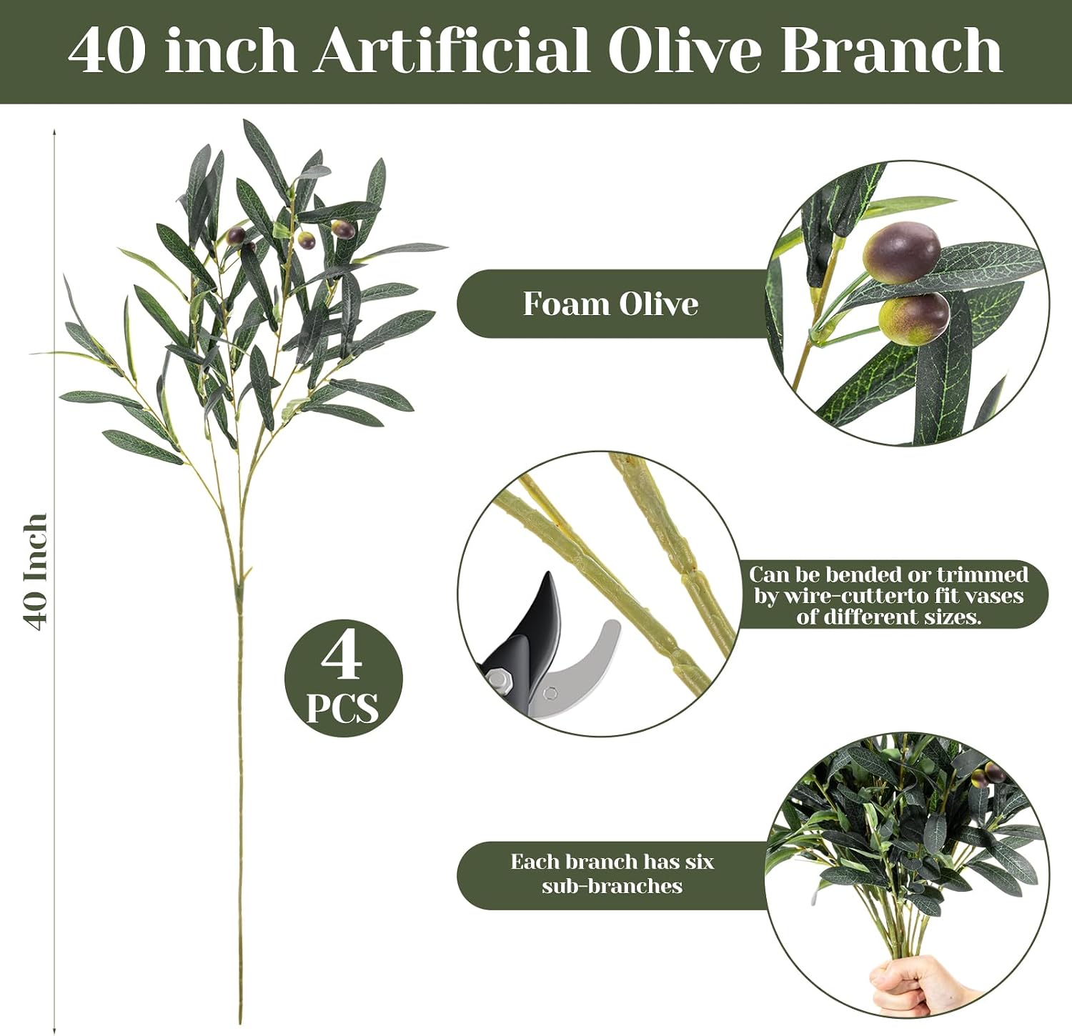 Norme 4 Pcs 40 Inch Artificial Olive Branches with Lifelike Olives for Vase Fake Greenery Olive Large Long Stems for Wedding Bouquet Table Centerpieces Home Decor DIY Floral Crafts