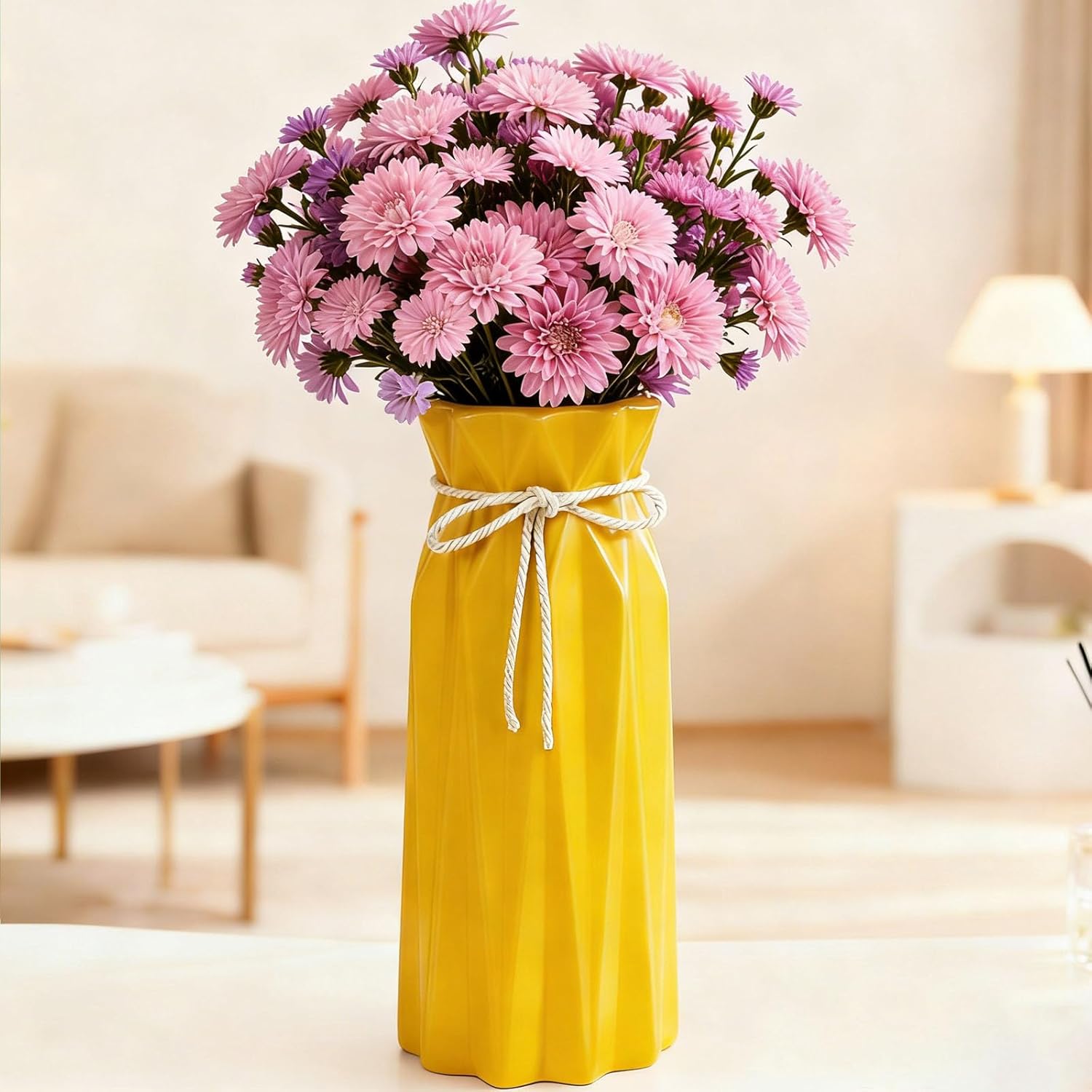 Disoza Ceramic Vase for Home Decor Yellow Flowers 9.5" H x 3.9" W Modern Flower Vase for Pampas Grass Dried for Living Room Decorations Porcelain Tulip Vases for Table Kitchen Decor