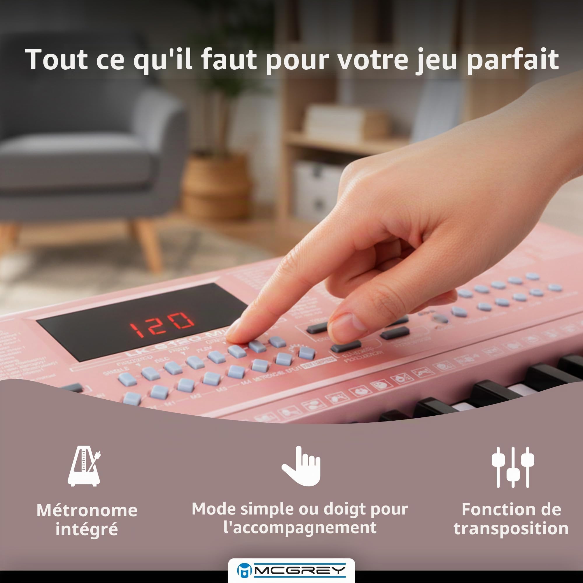Clavier À Touches Lumineuses McGrey LK-6120-MIC Avec Micro – Set, 255 sons | Clavier pour débutants avec 61 touches lumineuses, 255 rythmes, 61 sons de percussion, 50 morceaux démo, Sustain/ Vibrato