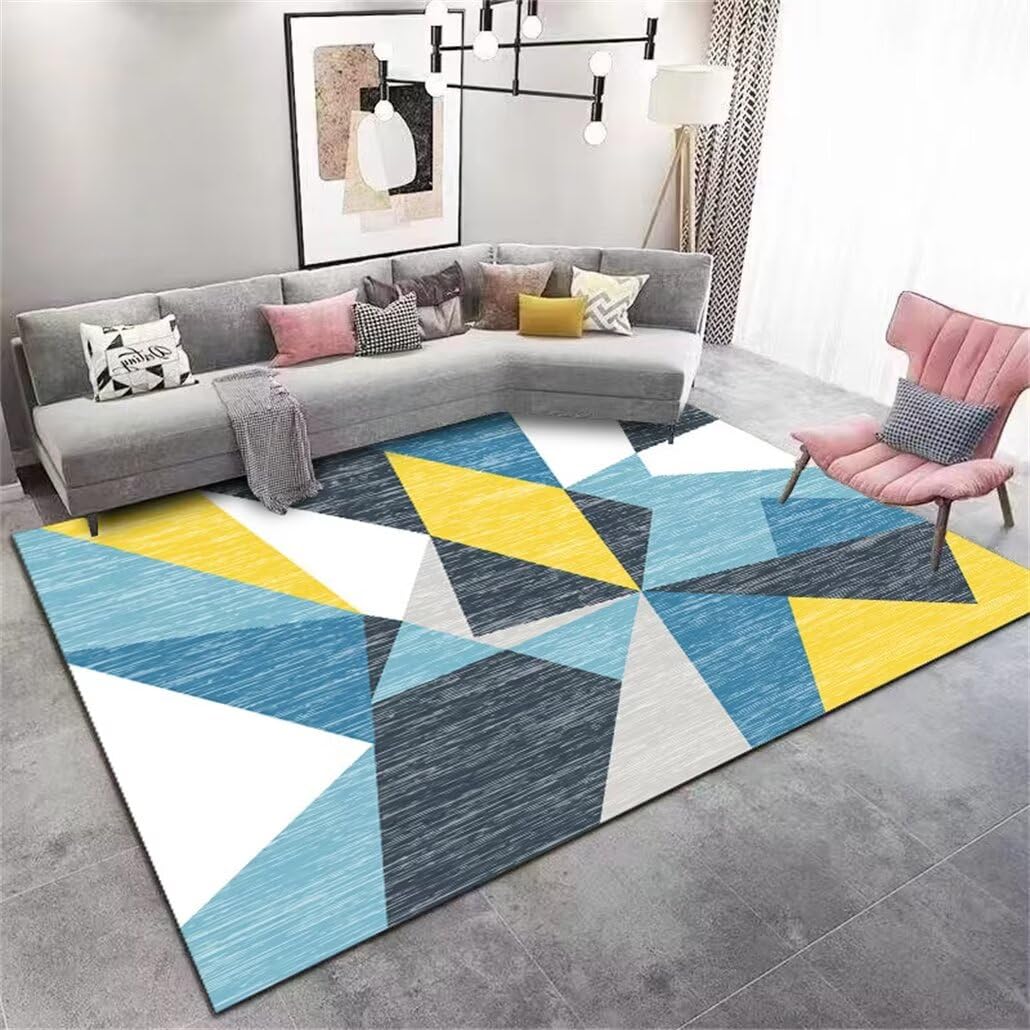 Tapis chambre ado rectangulaire jaune et bleu geometrique 90x180 cm