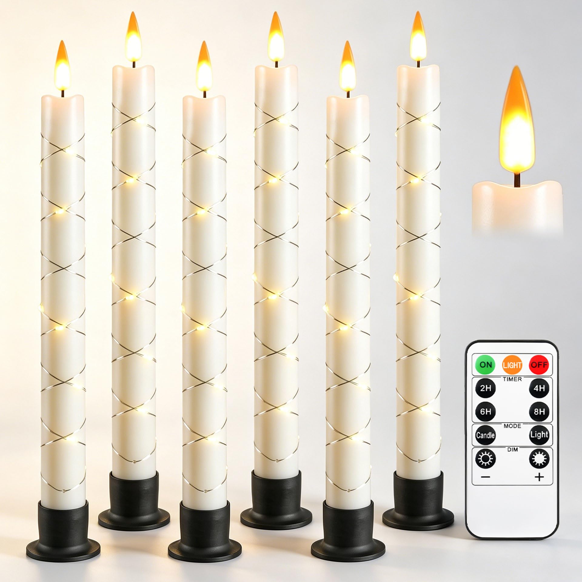 Da by Bezpłomieniowa świeca stożkowa LED z pilotem zdalnego timera, 24 cm kość słoniowa świeca kij owijana wokół lampy bajkowej, zasilana bateriami, migająca 3D, sztuczny knot, płomień. 6 szt.
