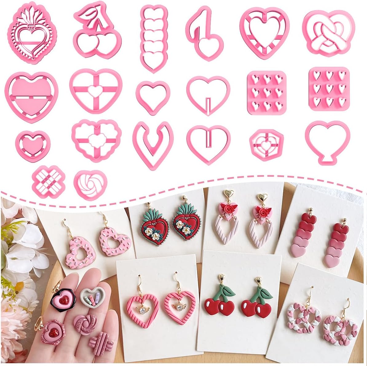 KEOKER Valentines Day Clay Cutters, Valentine Clay Cutters for Polymer Clay Jewelry, Valentine Polymer Clay Cutters Hearts, Heart Polymer Clay Cutter, 20 Shapes Valentines Day Polymer Clay Cutters