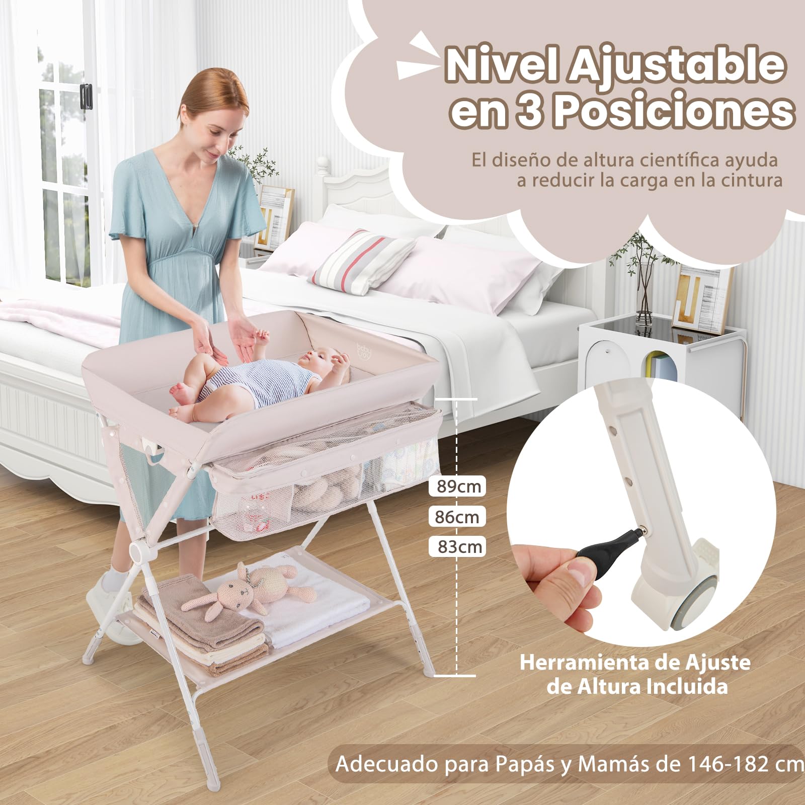 GOPLUS Cambiador de Pañales Plegable y Portátil, Cambiador Bebe con Altura Ajustable, 4 Ruedas Universales con Frenos para Bebés de 0-12 Meses, Carga hasta 11 kg (Beige)