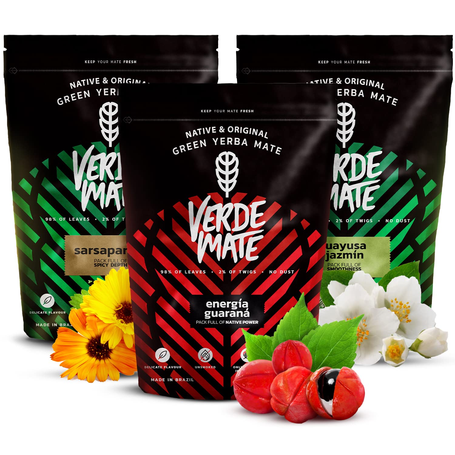 Mate Tee Verde Mate Set 1,5kg - Brasilien Yerba Mate - 5mm Grobe Blätter - Luftgetrocknet, Staubarm - Guarana, Sarsaparilla und Guayusa - Natürlicher Wachmacher - Ideal für Einsteiger - Mild - 3x500g