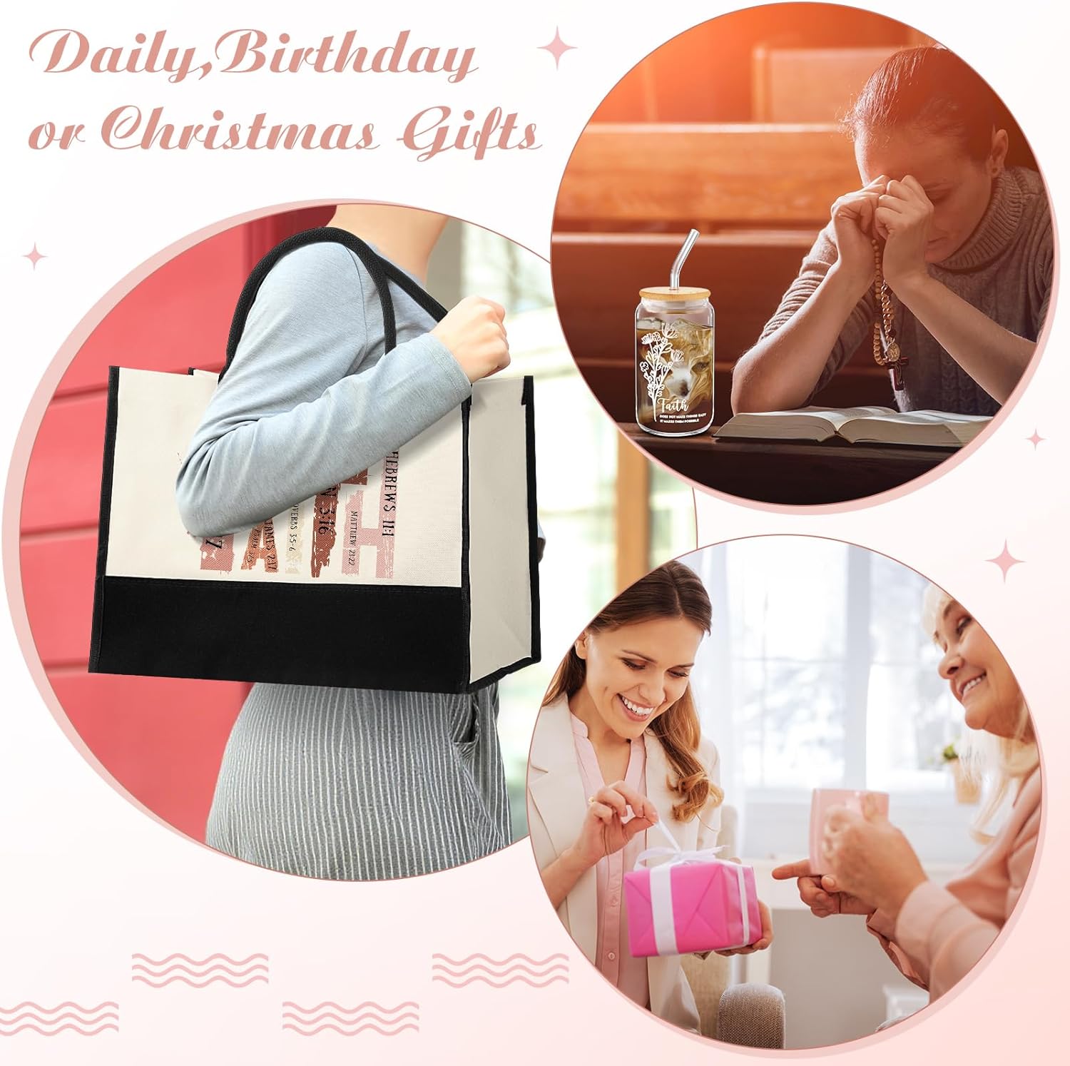 6 Pcs Christian Gifts for Women Faith Set Religious Gift for Women with Tote Bag Makeup Bag Candle Cross Necklace Cup Greeting Card for Birthday Valentine Easter Church Inspiration(Pink) - Image 3
