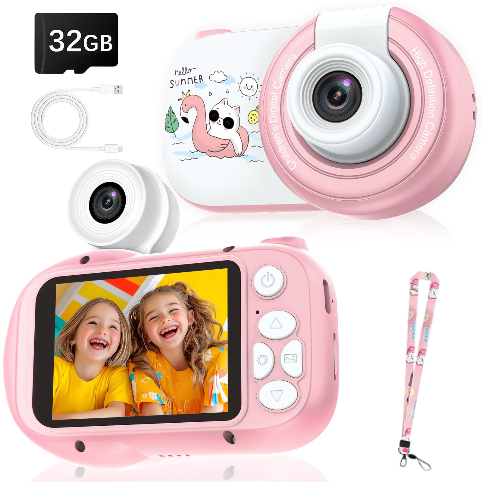 Kids Camera, Kids Camera with 2.4 Inch Screen and 180° Flip Lens, 1080P HD Digital Camera for Kids with 32GB Card, Gifts for Christmas Birthday, Photo Camera