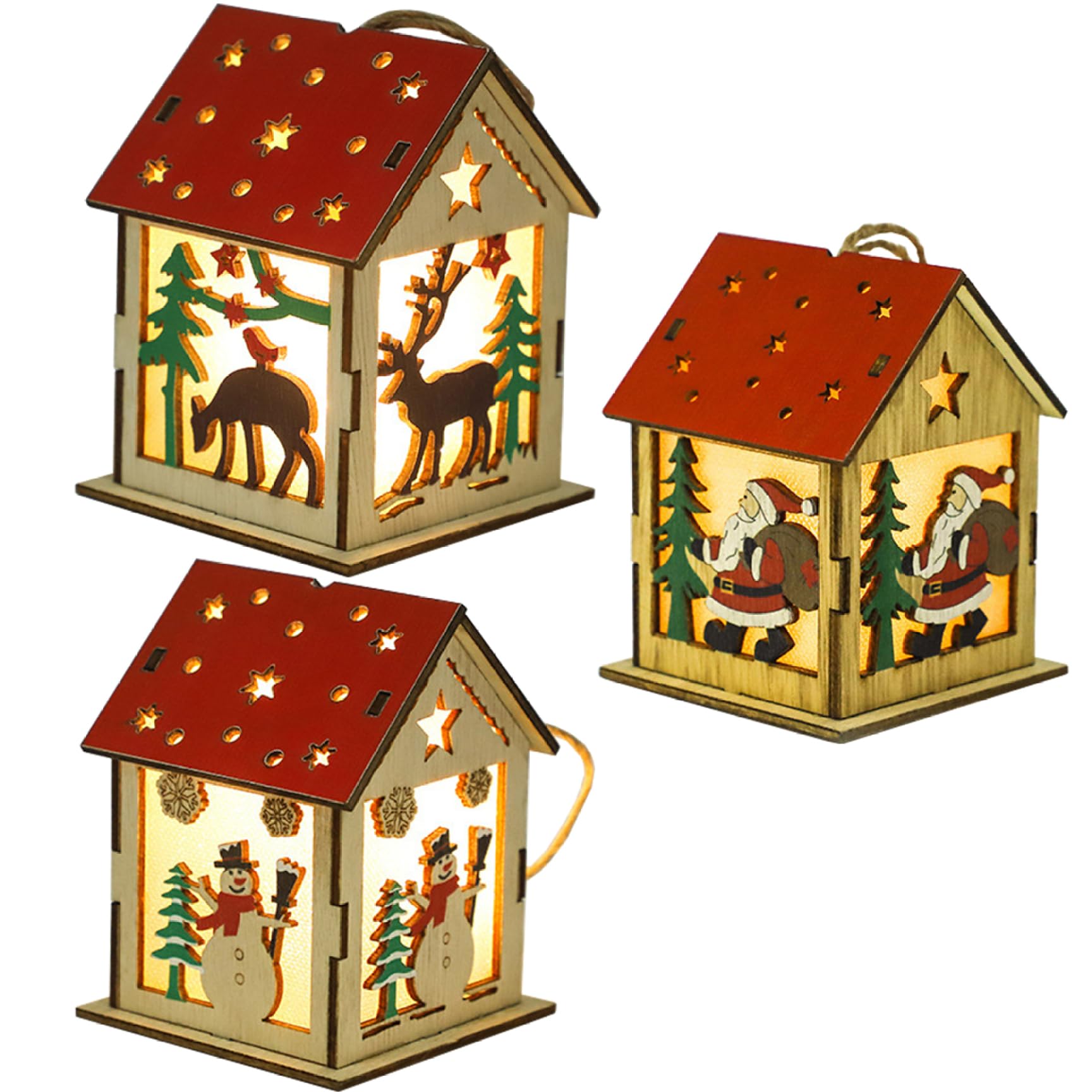 Maison en bois de Noël sculptée avec éclairage LED chaleureux et finitions soignées