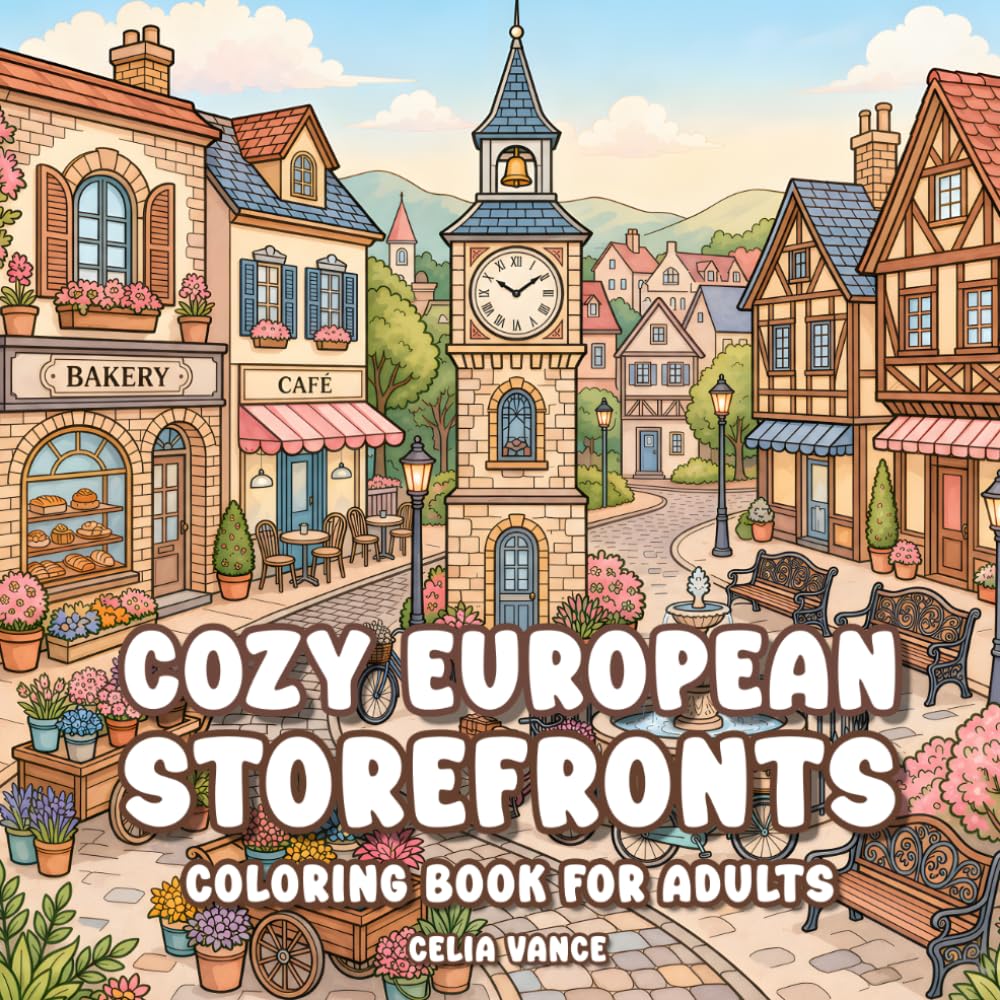 Cozy European Storefronts Coloring Book for Adults: Charming Street Landscape Scenes, Cafes & Flower Shops | Stress Relief & Mindful Relaxation (Peaceful Escapes)