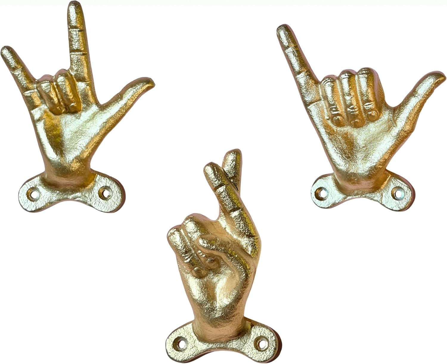 Set of 3 Hand Gesture Decorative Wall Hooks, 4 Inches High-Hang Loose-Rock On-Cross Fingers Gestures. Unique Stylish Key or Towel Hangers Backpack Hanger-Coat Hooks Home Decor for Storage (Gold)