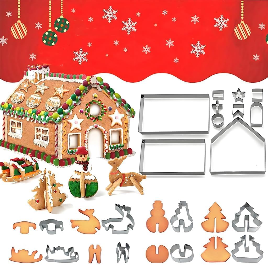 Christmas Cookie Cutter Set – 18 Piece Santa House Theme Shapes for Baking, Biscuits, Fondant & Holiday Decorating